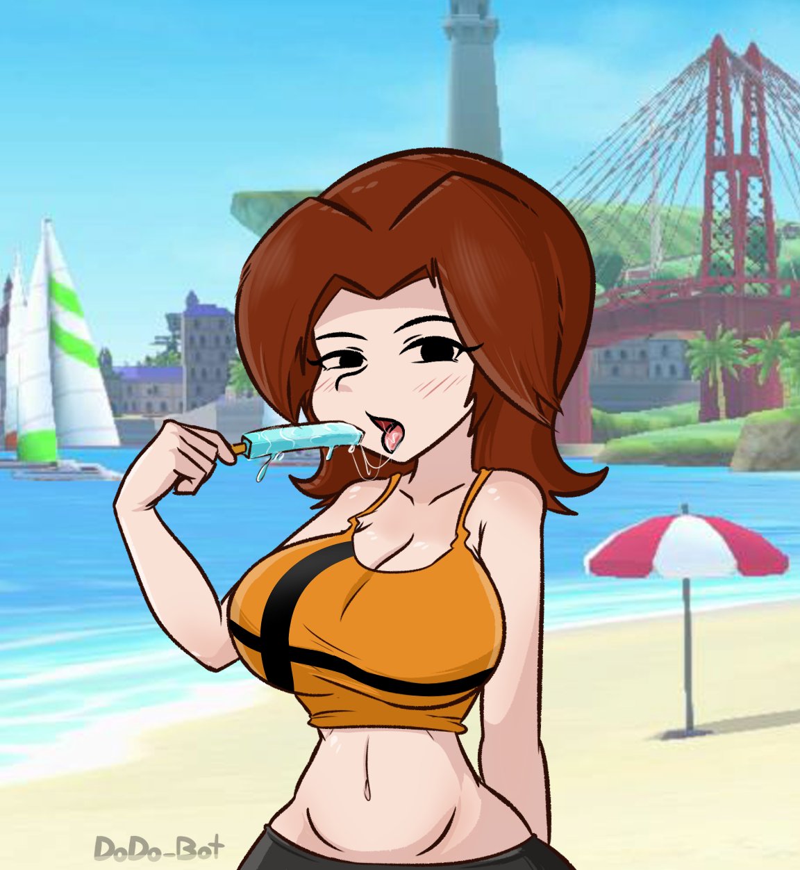 1girls, artist name, beach, black eyes, blush, breasts, brown hair, cleavage, clothed, clothing, dodo-bot, female, female only, food, large breasts, looking at viewer, midriff, midriff baring shirt, mii, mii gunner, mii gunner (smash 4), mob face, navel, nintendo, open mouth, outdoors, popsicle, saliva, saliva trail, sexually suggestive, solo, summer, super smash bros., super smash bros. for nintendo 3ds and wii u, tongue, tongue out