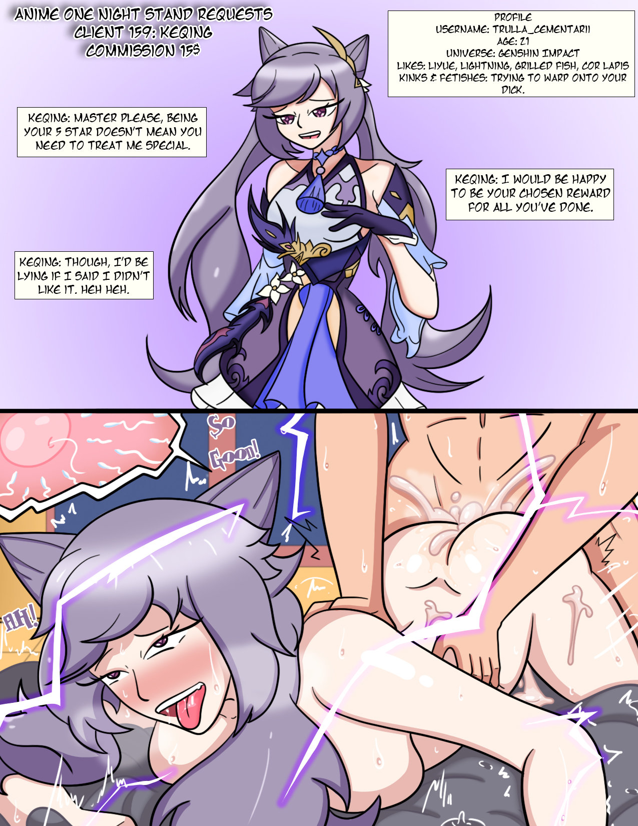 1boy, 2koma, abs, ambiguous background, anime one night stands, ass, bed, bed sheet, bedroom, bedroom sex, blush, breasts, choker, comic, completely nude, dialogue, doggy style, dress, dywtba-alt-universe, english, english text, eyes rolled back, female, female focus, fertilization, flower, flying sweatdrops, genshin impact, gloves, hair ornament, happy, happy sex, heavy breathing, high resolution, impregnation, instant loss 2koma, juto arigato, keqing (genshin impact), light skin, lightning, long hair, male, medium breasts, motion lines, nude, oerba yun fang, on bed, ovum, pounding, purple background, purple dress, purple eyes, purple hair, pussy, self upload, sex, shiny, shiny skin, simple background, sparks, sperm cell, straight, sweat, sweatdrop, taken from behind, text, thrusting, tied hair, tongue, tongue out, twintails, unseen male face, vaginal juices, vaginal penetration