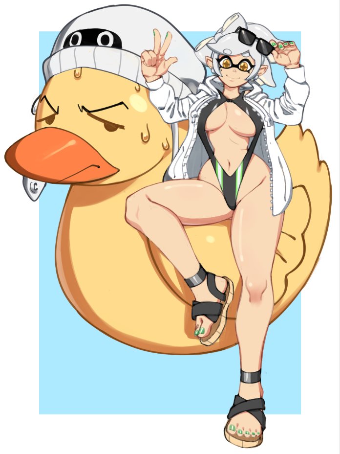 1girls, breasts, cleavage, female, female only, huge breasts, inkling, marie (splatoon), nintendo, official mossy, one-piece swimsuit, solo, splatoon, thick thighs