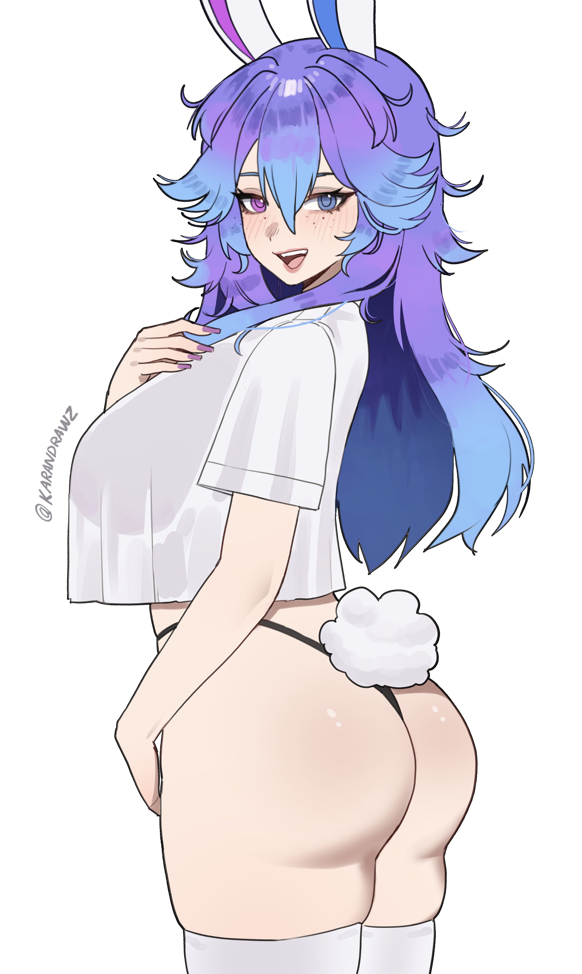 1girl, 1girls, absurdres, animal ears, ass, big breasts, blush, breasts, cottontail (vtuber), crop top, crop top overhang, fat ass, female, female only, from behind, gradient hair, heterochromia, highleg, highleg panties, highres, indie virtual youtuber, karandrawz, large breasts, light-skinned female, long hair, looking at viewer, looking back, multicolored hair, open mouth, panties, rabbit ears, rabbit girl, rabbit tail, simple background, smile, solo, tail, thick, thick ass, thick thighs, thighhighs, thighs, thong, tits, translucent, underwear, virtual youtuber, vtuber, white background, white thighhighs