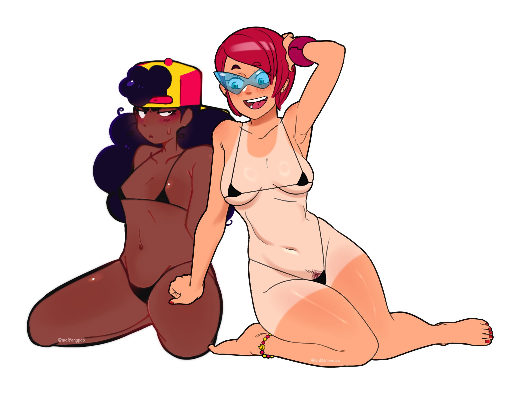 2girls, 4inkuniverse, armpits, bikini, brawl stars, dominant, female only, jealous, max (brawl stars), meg (brawl stars), red hair, tinted eyewear, two tone body