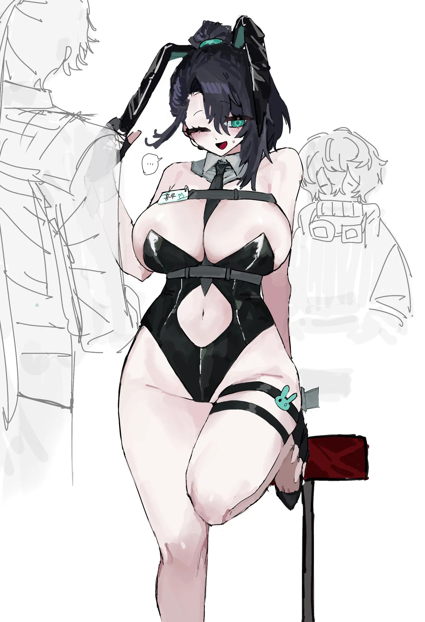 1girls, 2boys, 2d, black hair, blush, bunny costume, bunny girl, bunnysuit, chair, chest harness, collar, foot on chair, hairband, hand on leg, hand on own foot, hand on own leg, heathcliff (limbus company), heeled shoes, heels, high heels, hong lu (limbus company), honglulove, jade eyes, large breasts, leaning back, leaning on chair, leaning on object, legs on chair, legs up, limbus company, line art, long black hair, long hair, name tag, navel, navel cutout, navel exposed, necktie, one eye closed, one leg bent, one leg on ground, one leg standing, open mouth, pale skin, ponytail, project moon, rabbit charm, rabbit ears, reclining pose, rule 63, side ponytail, sinclair (limbus company), speech bubble, sweat, sweatdrop, sweating, tagme, thick thighs, thigh strap, touching ear, winking, winking at viewer