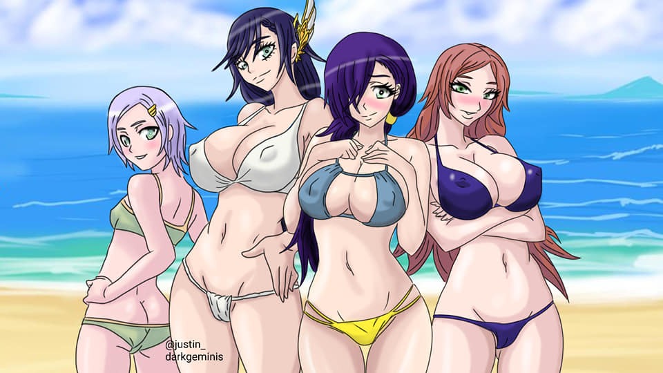 4girls, artist request, ass, beach, big ass, big breasts, big butt, bikini top, blue hair, breasts, brunhilde (shuumatsu no valkyrie), female, female only, goll (shuumatsu no valkyrie), green eyes, hrist (shuumatsu no valkyrie), long hair, looking at viewer, medium breasts, multiple females, multiple girls, purple hair, randgriz (shuumatsu no valkyrie), red hair, short hair, shuumatsu no valkyrie, sisters, small breasts, valkyrie