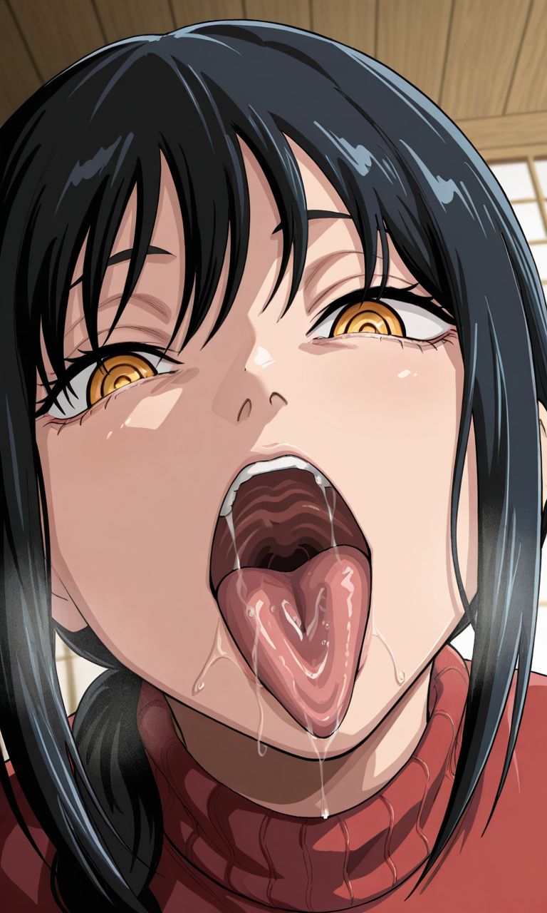 1girls, ai generated, black hair, chainsaw man, female, female only, light skin, light-skinned female, long hair, looking at viewer, nayuta (chainsaw man), open mouth, ringed eyes, saliva, saliva on tongue, seductive, seductive look, shiny, shiny skin, solo, solo female, throat, tongue, tongue out, yellow eyes