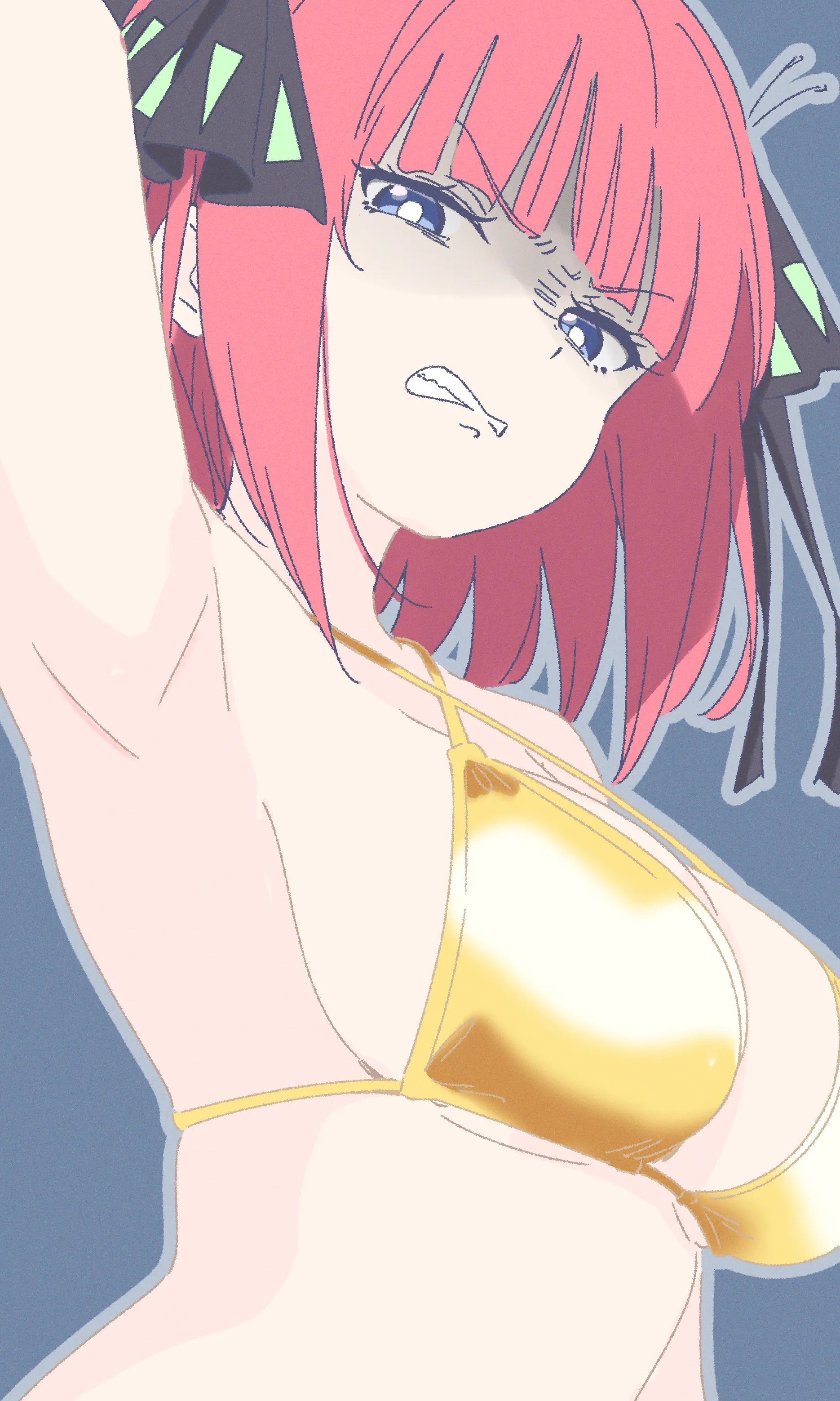 1girls, 2d, 2d (artwork), 2d artwork, almost naked, almost nude, angry, angry expression, angry eyebrows, angry face, anime, anime character, anime girl, arm above head, arm out of frame, arm up, armpit, armpit crease, armpit focus, armpit peek, armpits, arms out of frame, asian, asian female, asian girl, background, bangs, bare armpits, bare arms, bare belly, bare chest, bare hands, bare midriff, bare shoulders, bare skin, belly, below view, big boobs, big breasts, bikini, bikini only, bikini top, black hair ribbon, black hair tie, black ribbon, blue background, blue eyes, blue-eyed female, blunt bangs, breasts, busty, busty female, busty girl, busty teen, busty teenager, butterfly hair ornament, collarbone, color, colored, digital, digital art, digital drawing, digital drawing (artwork), digital media, digital media (artwork), disgust, disgusted, disgusted expression, disgusted face, disgusted look, down angle, down view, drawing, elbows, exposed, exposed armpits, exposed arms, exposed belly, exposed chest, exposed midriff, exposed shoulders, exposed skin, eyebrows visible through hair, eyes, fanart, female, female focus, female only, female protagonist, from below, from below view, from bottom to top, from side, frown, frown eyebrows, frowning, frowning at viewer, go-toubun no hanayome, gold bikini, gold bikini top, gold swimsuit, gold swimwear, gritting teeth, hair ribbon, hair tie, hairless armpits, halterneck, hand above head, hand out of frame, hand up, hands out of frame, head tilt, high school student, inframammary fold, japanese, japanese female, japanese girl, knees out of frame, large boobs, large breasts, lean figure, leg out of frame, legs out of frame, looking at viewer, low angle, low angle view, low-angle shot, low-angle view, lower body out of frame, main character, manga character, medium hair, midriff, monotone background, mostly nude, nakano nino, naked, naked female, naked woman, narrow waist, nearly nude, nude, nude female, nudity, one color background, plain background, portrait, posing, posing for the viewer, posing naked, posing nude, practically nude, presenting armpit, protagonist, red hair, red-haired female, redhead, redhead female, ribbon, school girl, scowl, shaved armpits, side view, sideboob, slender body, slender waist, slim female, slim waist, solid color background, solo, spynai, standing, string bikini, swimsuit, swimwear, teen girl, teenage female, teenage girl, teenage tits, teenager, tezuka productions, thighs out of frame, three quarter view, three-quarter view, tilted head, top down view, top view, tsundere, under view, underboob, upper body, upward angle, v-shaped eyebrows, weekly shonen magazine, white pupils, worm's-eye view, worms-eye view, young female, young woman