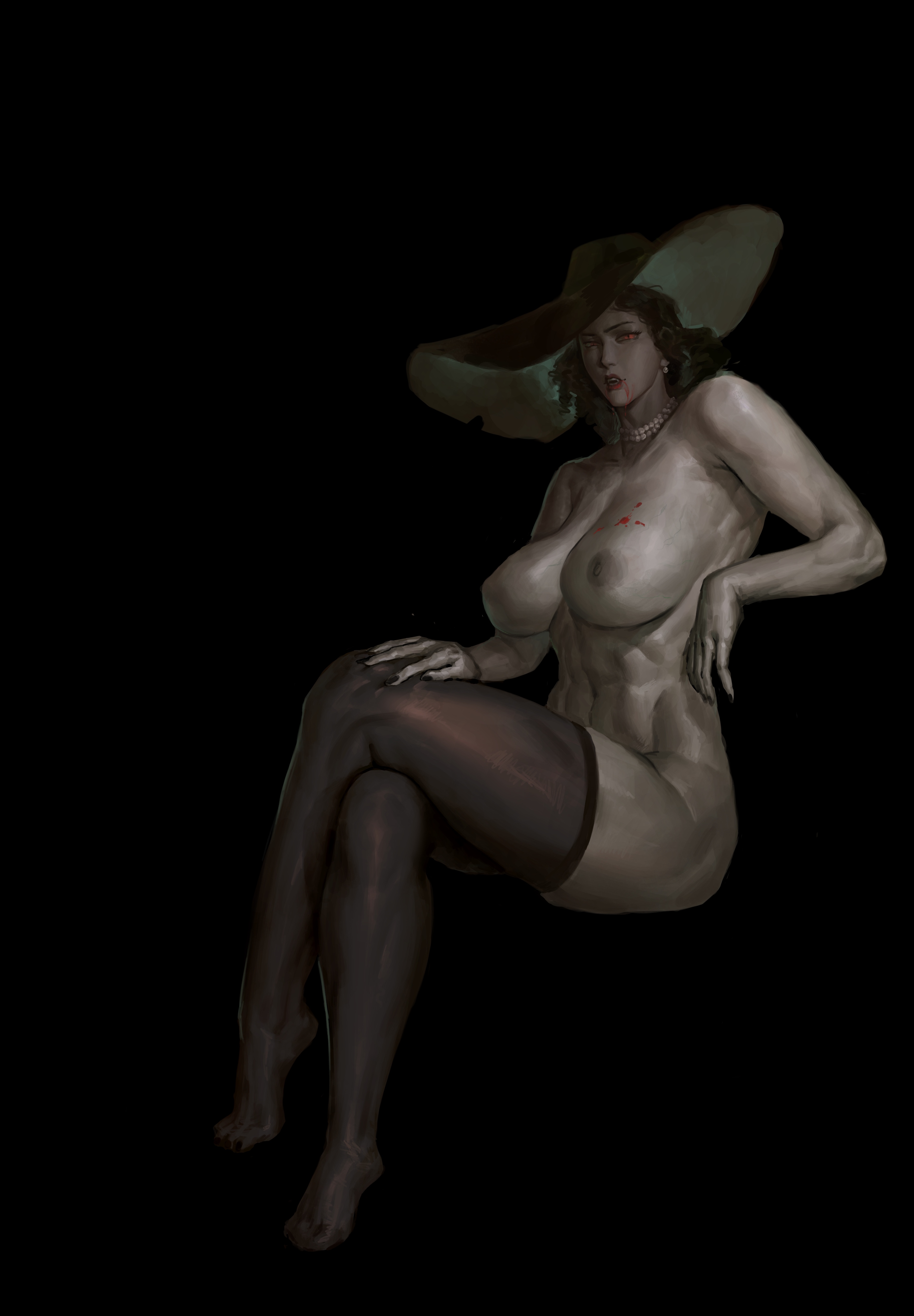 alcina dimitrescu, black hair, breasts, busty, capcom, female, hat, lagon (artist), light skin, light-skinned female, milf, nipples, nude, pale skin, pale-skinned female, pose, red eyes, resident evil, resident evil 8: village, sitting, solo, stockings, toned, toned female