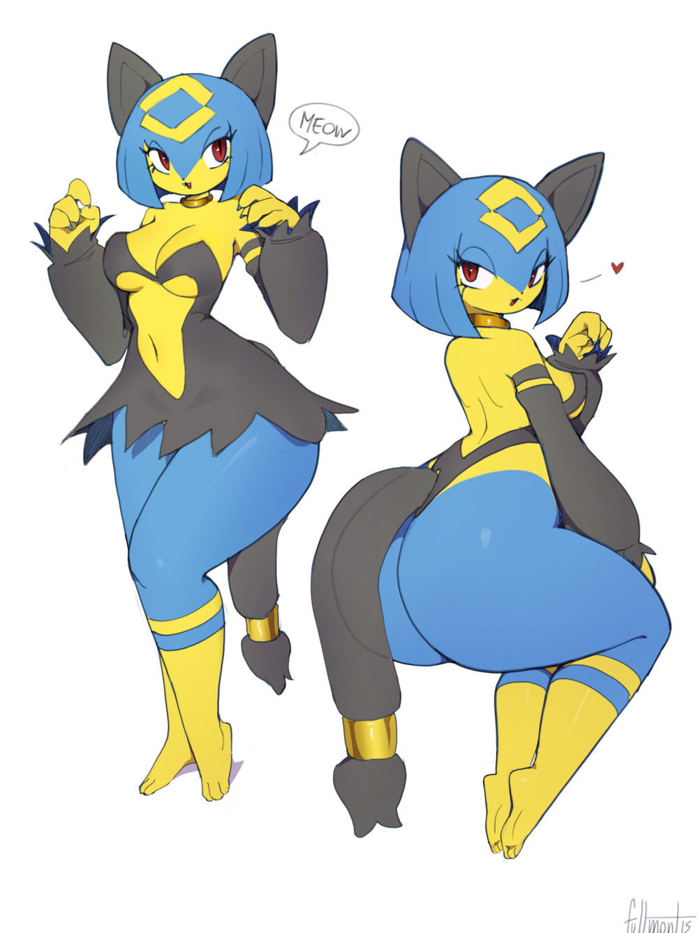 anthro, big butt, biped, blue body, blue hair, breasts, butt, curvy figure, dialogue, eyelashes, feet, felid, feline, female, fullmontis, hair, hi res, looking at viewer, looking back, mammal, multicolored body, navel, pal (species), palworld, pocketpair, pupils, sekhmet (pal), simple background, soles, speech bubble, text, thick thighs, voluptuous, wide hips, yellow body