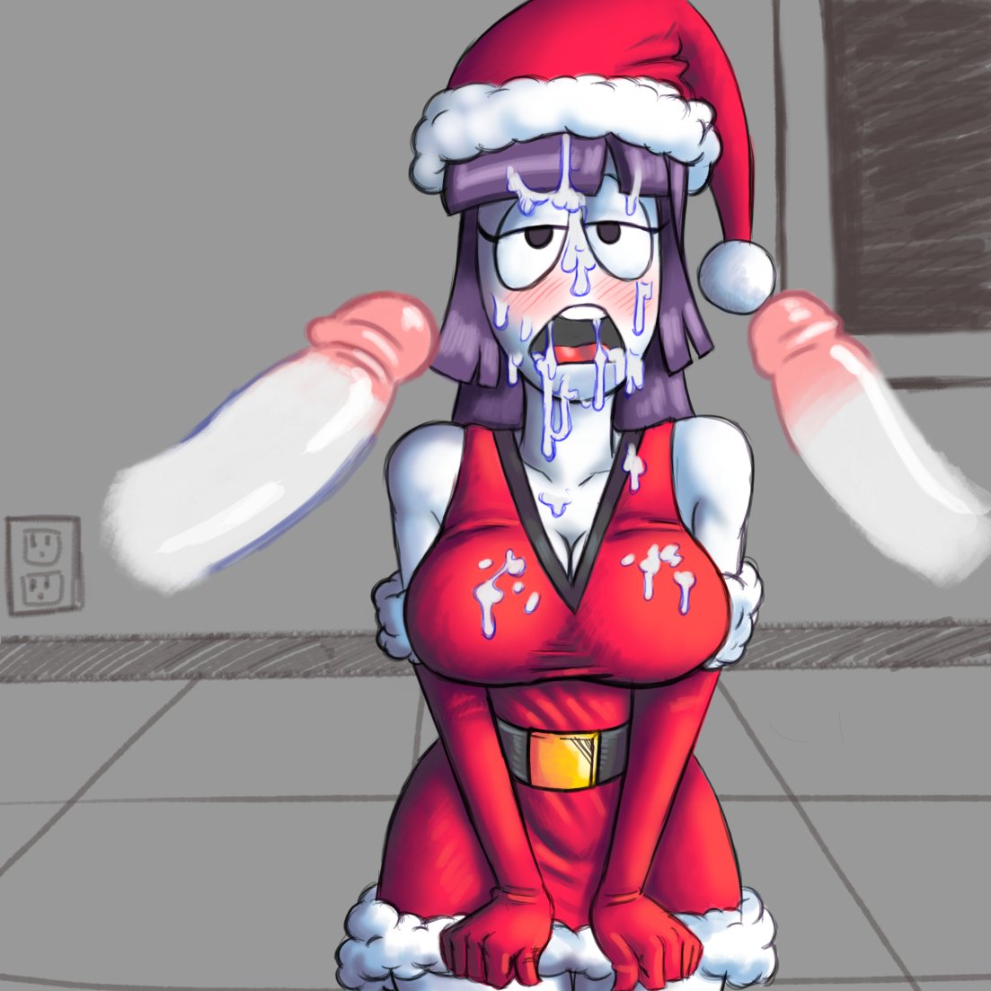 1girls, 2boys, big breasts, breasts, christmas, christmas outfit, cum, cum in mouth, cum on breasts, cum on face, erect penis, female, halloween, lila (spooky month), male, milf, mother, on knees, oral, penis, santa costume, spooky month, sr pelo, unknown male