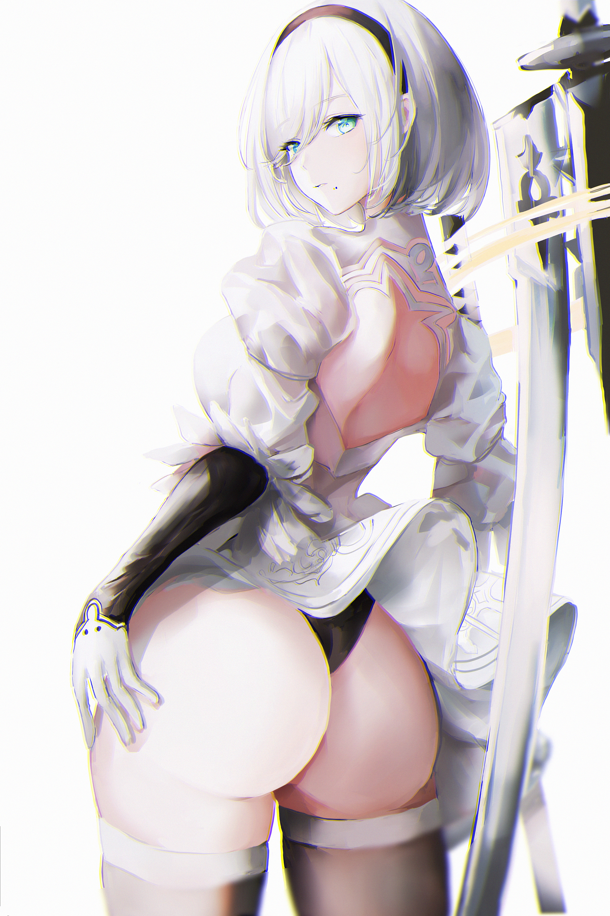 1girls, absurdres, aqua eyes, ass, ass focus, back cutout, backless outfit, bangs, big ass, black hairband, black legwear, black leotard, blue eyes, clothing cutout, dress, eyebrows visible through hair, female, female only, floating, floating object, from behind, gloves, hairband, highres, katana, leotard, lielac, looking at viewer, looking back, mole, mole under mouth, nier (series), nier: automata, puffy sleeves, short dress, short hair, silver hair, simple background, solo, solo female, standing, sword, thighhighs, weapon, white background, white dress, yorha 2b