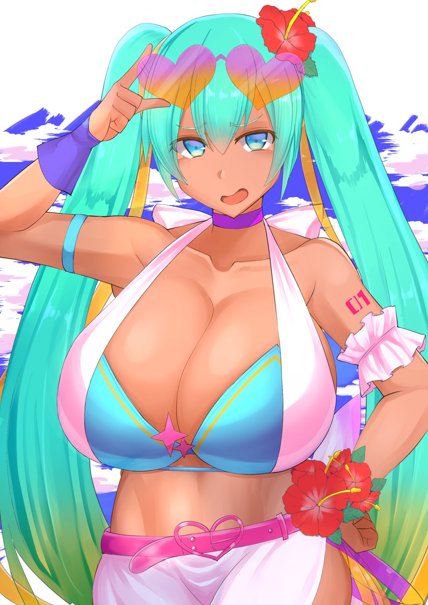 1girl, 1girls, aqua eyes, aqua hair, big breasts, bikini, blue bikini, blue eyes, blue hair, breasts, choker, cleavage, dark skin, dark-skinned female, eyewear on head, facominn, female, female only, flower, flower in hair, gradient hair, hair flower, hair ornament, hand on hip, hatsune miku, heart, heart-shaped eyewear, hibiscus, huge breasts, large breasts, long hair, looking at viewer, multicolored hair, open mouth, solo, solo female, solo focus, sunglasses, swimsuit, tan, tan skin, tanned, tanned skin, tattoo, twintails, very long hair, vocaloid