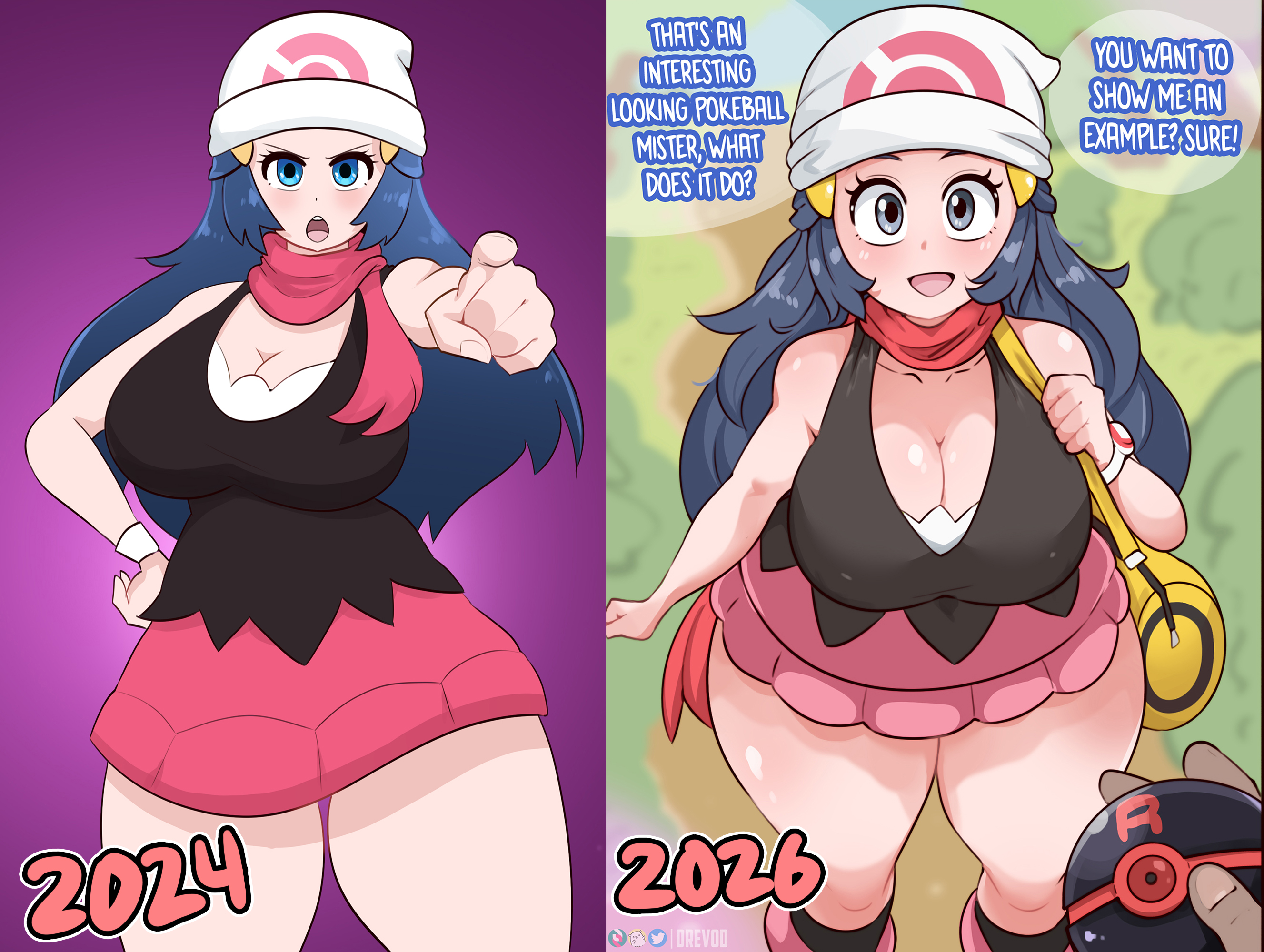1boy, 1girls, ass, breasts, dawn (pokemon), drevod, female, female focus, hypnosis, large ass, large breasts, light skin, light-skinned female, looking at viewer, male, nintendo, pokemon, thick thighs, thighhighs, thighs, wide hips