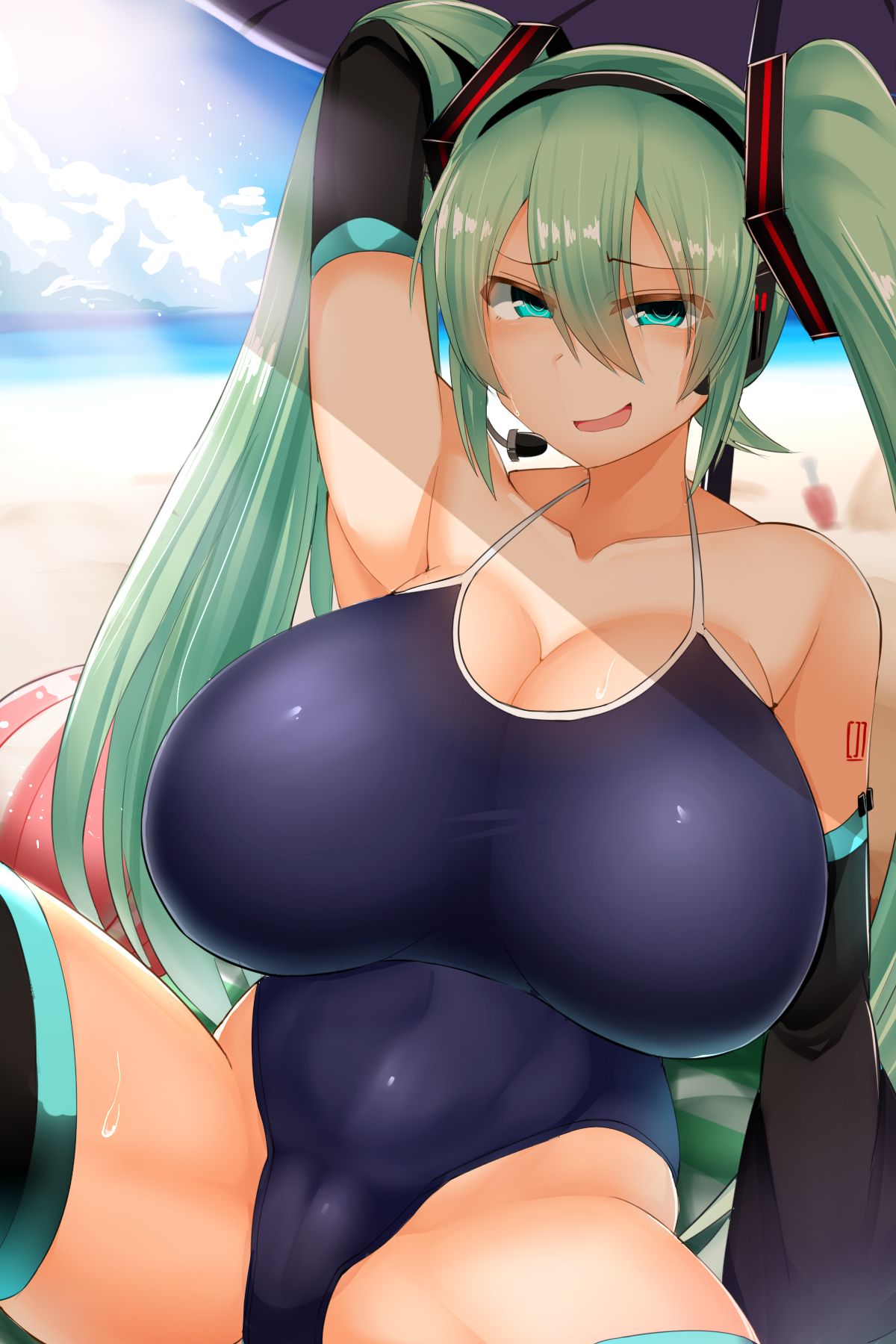 1girl, 1girls, alternate breast size, aqua eyes, aqua hair, beach, beach ball, big breasts, blue eyes, blue hair, breasts, cameltoe, cleavage, competition school swimsuit, competition swimsuit, detached sleeves, facominn, female, green hair, hatsune miku, headset, huge breasts, large breasts, long hair, looking at viewer, one-piece swimsuit, pussy, school swimsuit, sitting, smile, solo, solo female, solo focus, spread legs, swimsuit, tattoo, thighhighs, twintails, umbrella, very long hair, vocaloid