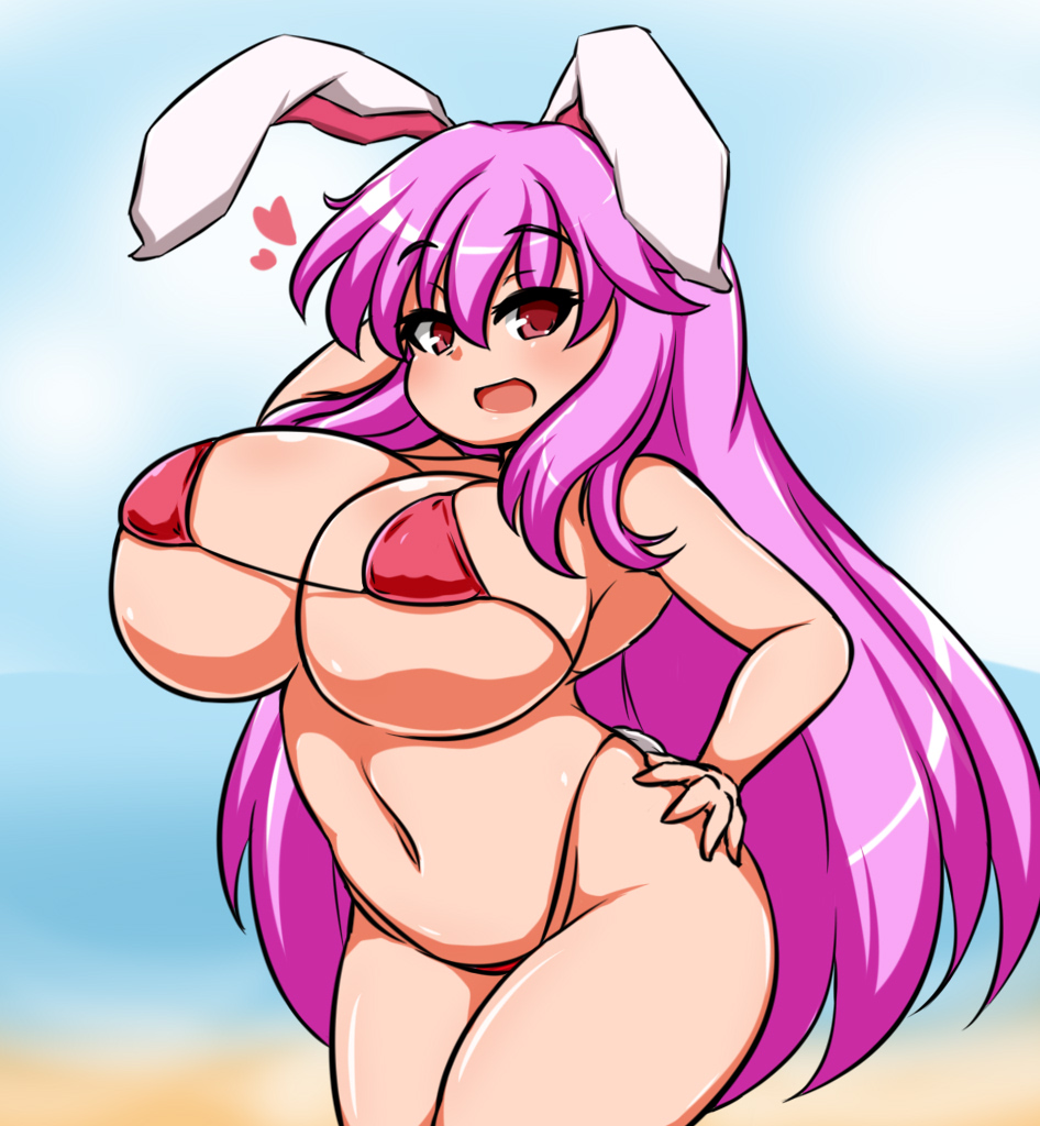 1girls big_breasts bikini breasts bunny_ears curvaceous heart huge_breasts large_breasts long_hair looking_at_viewer moyashi_udon navel purple_hair red_bikini red_eyes reisen_udongein_inaba solo solo_female solo_focus string_bikini swimsuit touhou