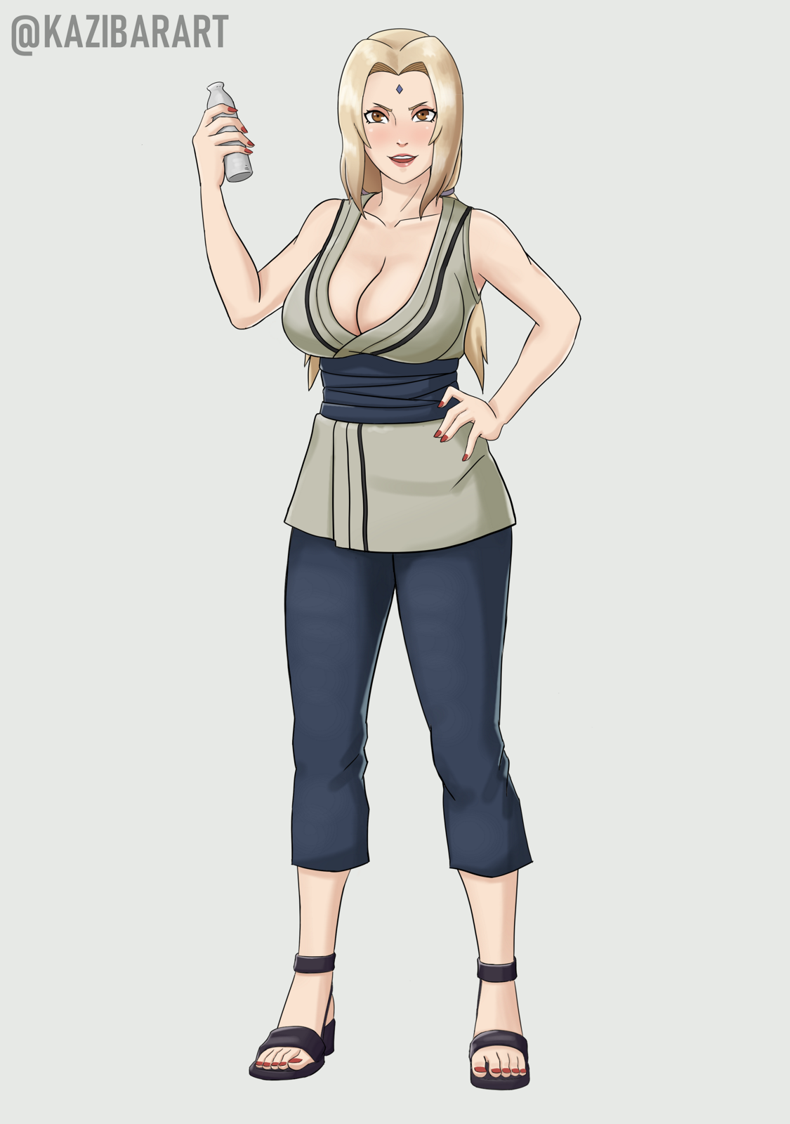 1girls, 2021, alcohol, alternate version available, artist name, blonde hair, brown hair, cleavage, clothed, clothed female, clothes, clothing, drunk, fanart, female, female only, forehead jewel, fully clothed, kazibar, long hair, looking at viewer, mature female, nail polish, naruto, naruto (series), naruto shippuden, questionable, red nails, sfw, simple background, solo, solo female, tsunade, twintails, white background