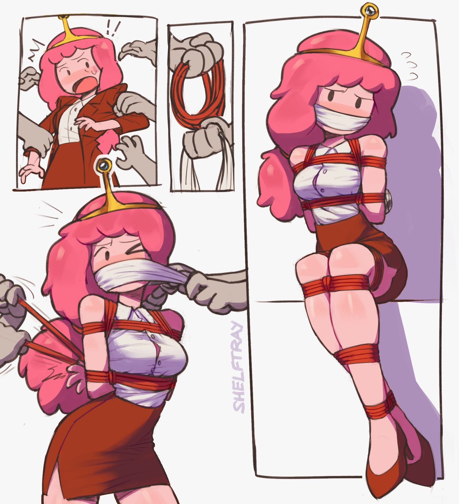 1girls, 4 fingers, adventure time, arms behind back, artist name, bondage, bound, bound ankles, bound arms, bound legs, bound wrists, breasts, cartoon network, cloth gag, clothed, clothed female, comic, disembodied hand, disembodied hands, female, female focus, gag, gagged, high heels, kidnapped, pencil skirt, pink hair, pink skin, princess bubblegum, restrained, rope, rope bondage, shelftray, solo female, solo focus, taped hands, tiara, very long hair