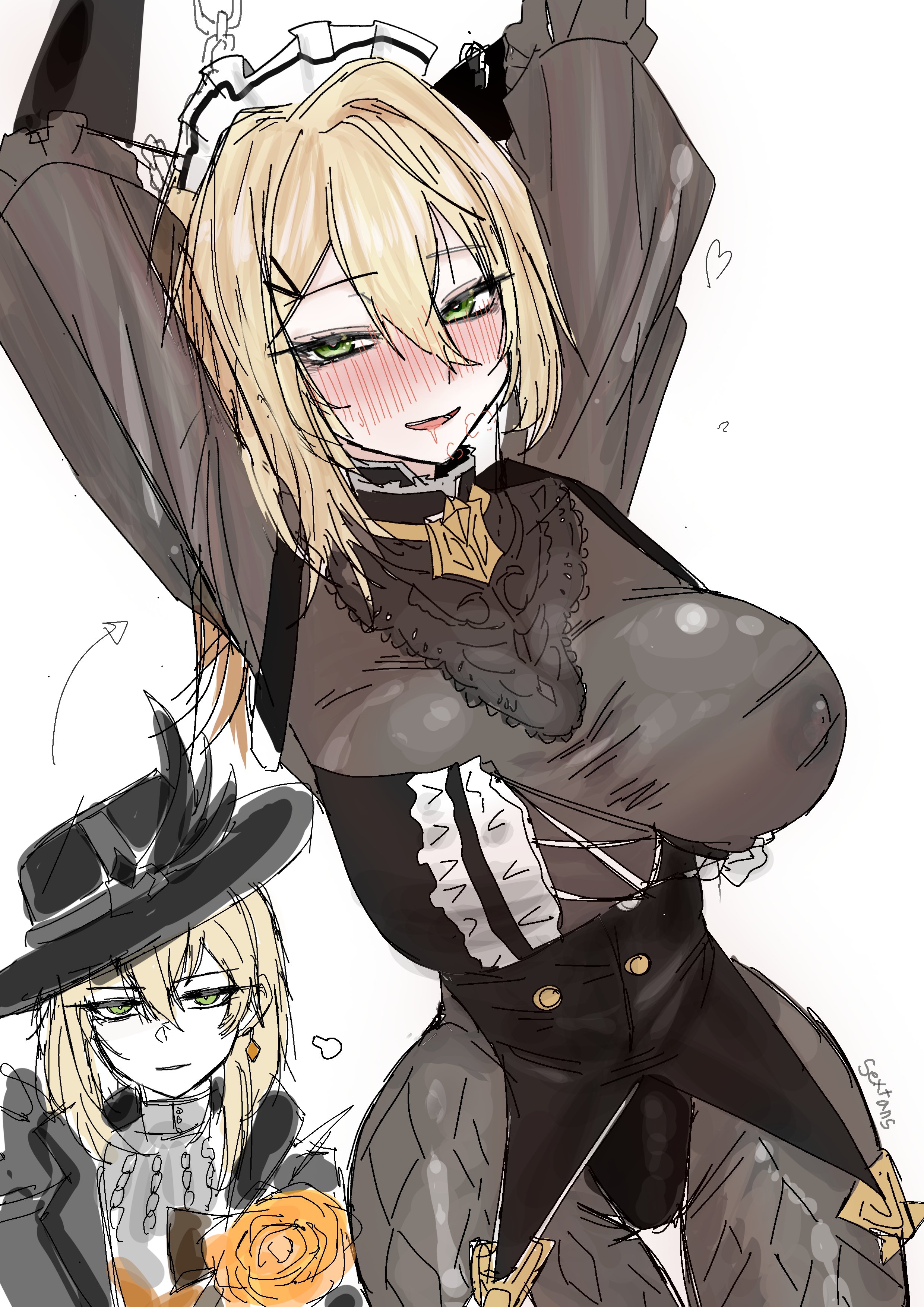 1girls, arms up, before and after, big breasts, blonde hair, blush, bodystocking, breasts, breasts out, clothing, covered nipples, drooling, feet out of frame, female, female only, girls' frontline, girls' frontline 2: exilium, green eyes, hat, heart, large breasts, long hair, looking at viewer, maid, maid headdress, maid uniform, millsol, nipples, one breast out, sextans (girls' frontline 2), sextans (nocte bewitchment) (girls' frontline 2)