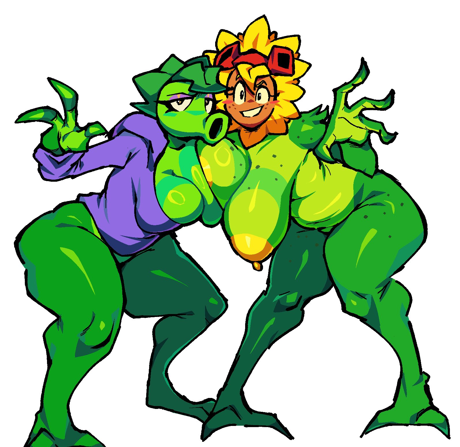 2girls, anthro, anthro character, big breasts, blush, breasts, chubby, cute, electronic arts, female, flora fauna, freckles, green shadow (pvz), green skin, hcyclops66, peashooter (pvz), plant girl, plant humanoid, plantie, plants vs zombies, popcap, popcap games, posing, pussy, pvz, solar flare (pvz), sunflower (pvz), video game, video game character, wholesome