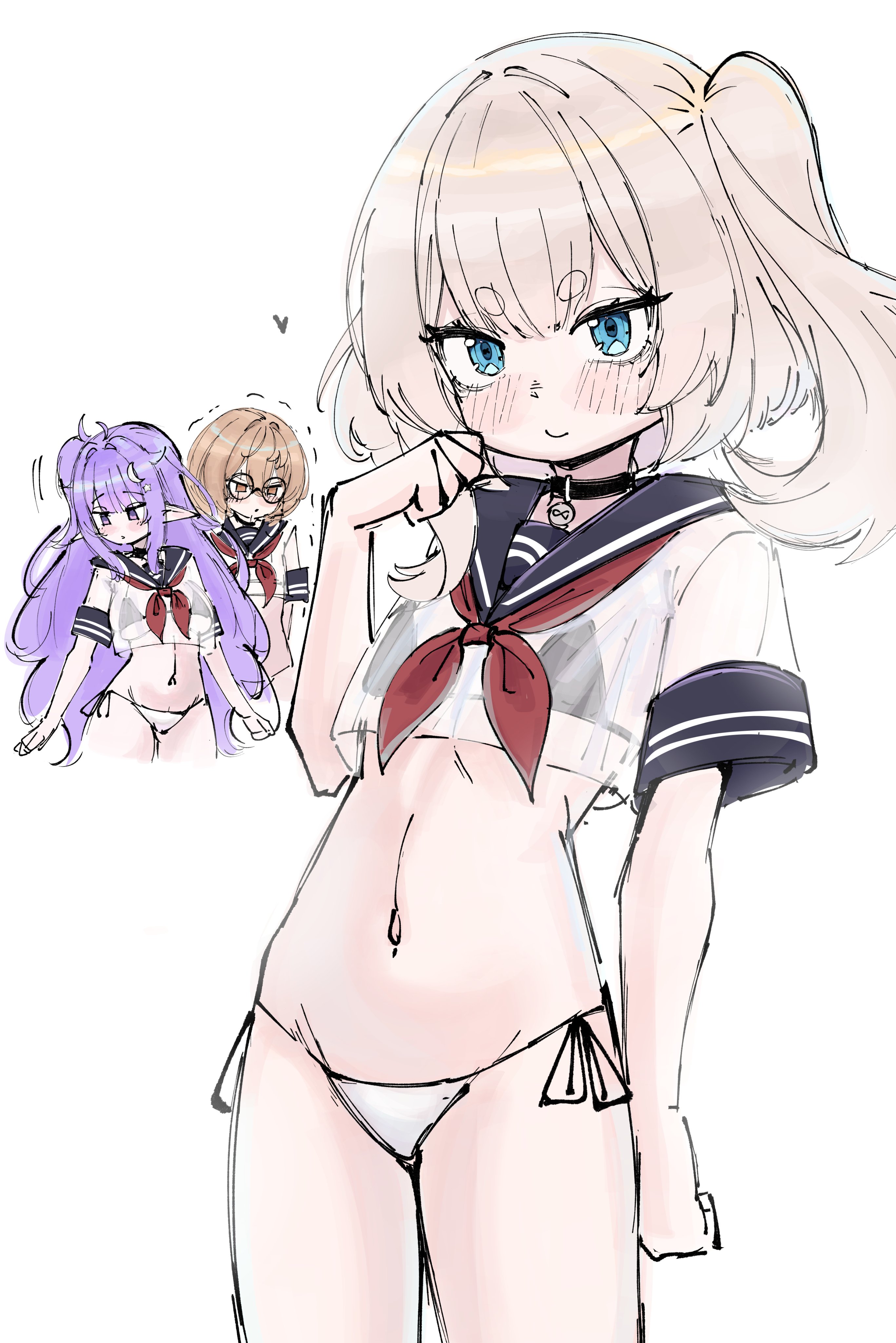 3girls, absurdres, bikini, blonde hair, blue eyes, blue sailor collar, blush, breasts, brown eyes, brown hair, clio aite, crescent, crescent hair ornament, eepy sleepy, female, flat chest, froq, froq art, glasses, hair ornament, highres, large breasts, long hair, looking at viewer, marimari en, multiple girls, navel, phase connect, pointy ears, purple eyes, purple hair, round eyewear, sailor collar, shirt, short eyebrows, short hair, side ponytail, small breasts, swimsuit, virtual youtuber, vtuber, white background, white shirt