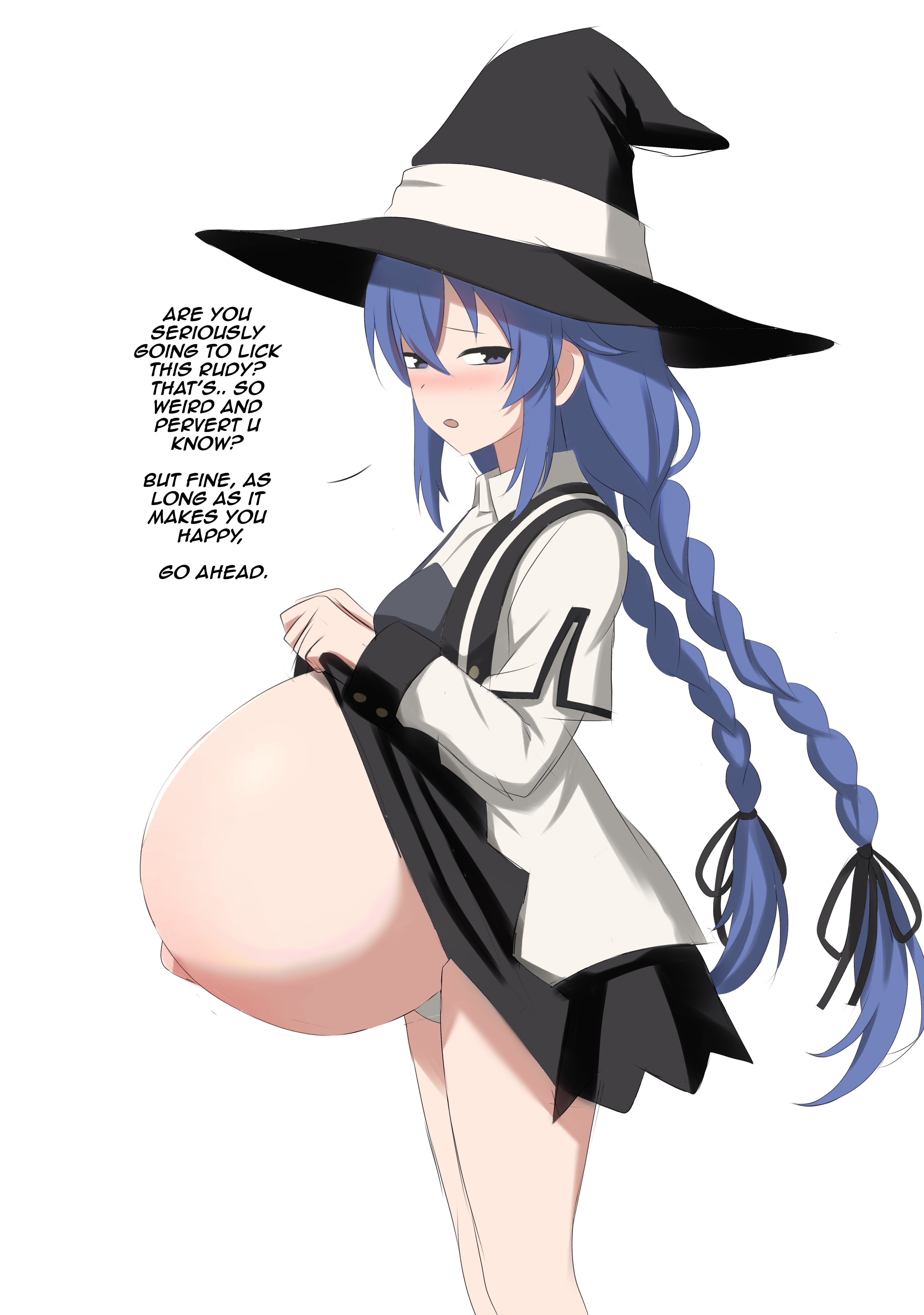 1girls, big belly, bloated belly, blue eyes, blue hair, blush, braid, braided hair, canon pregnancy, clothed, clothes lift, clothing, embarrassed, female, female focus, female only, heavily pregnant, lifting, lifting skirt, long hair, looking at viewer, mushoku tensei, navel, outie navel, panties, petite, pregnant, pregnant belly, roxy migurdia, sarawa kotoku, skirt lift, small breasts, twin braids, witch hat, wizard hat