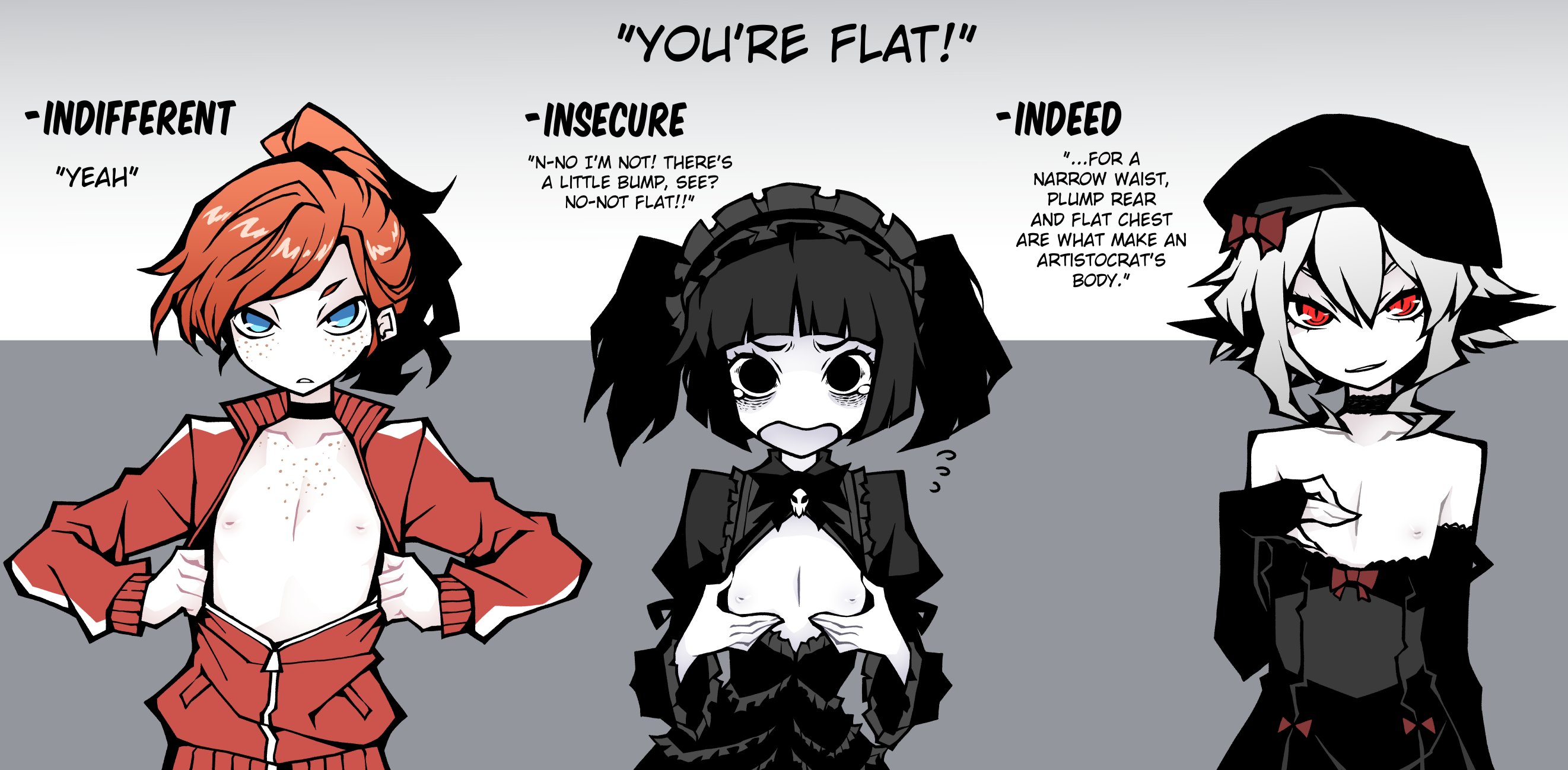 3girls, akableak, aqua eyes, ashamed, black eyes, black hair, blue eyes, breast size humiliation, breasts out, character profile, character request, charlotte (akableak), choker, coping, crying, dress, elbow gloves, embarrassed, english text, exposed breasts, female, female only, fingerless gloves, flat chest, flat chested, freckles, freckles on chest, freckles on face, frown, gloves, hand on own chest, hat, insecure, light skin, light-skinned female, looking at viewer, maid headdress, nipples, no bra, open clothes, open mouth, orange hair, original, pale skin, pale-skinned female, pointy ears, ponytail, presenting, presenting breasts, red eyes, short hair, small breasts, smirk, sportswear, tagme, text, tiny breasts, twintails, unamused, white hair, wide eyed, worried expression