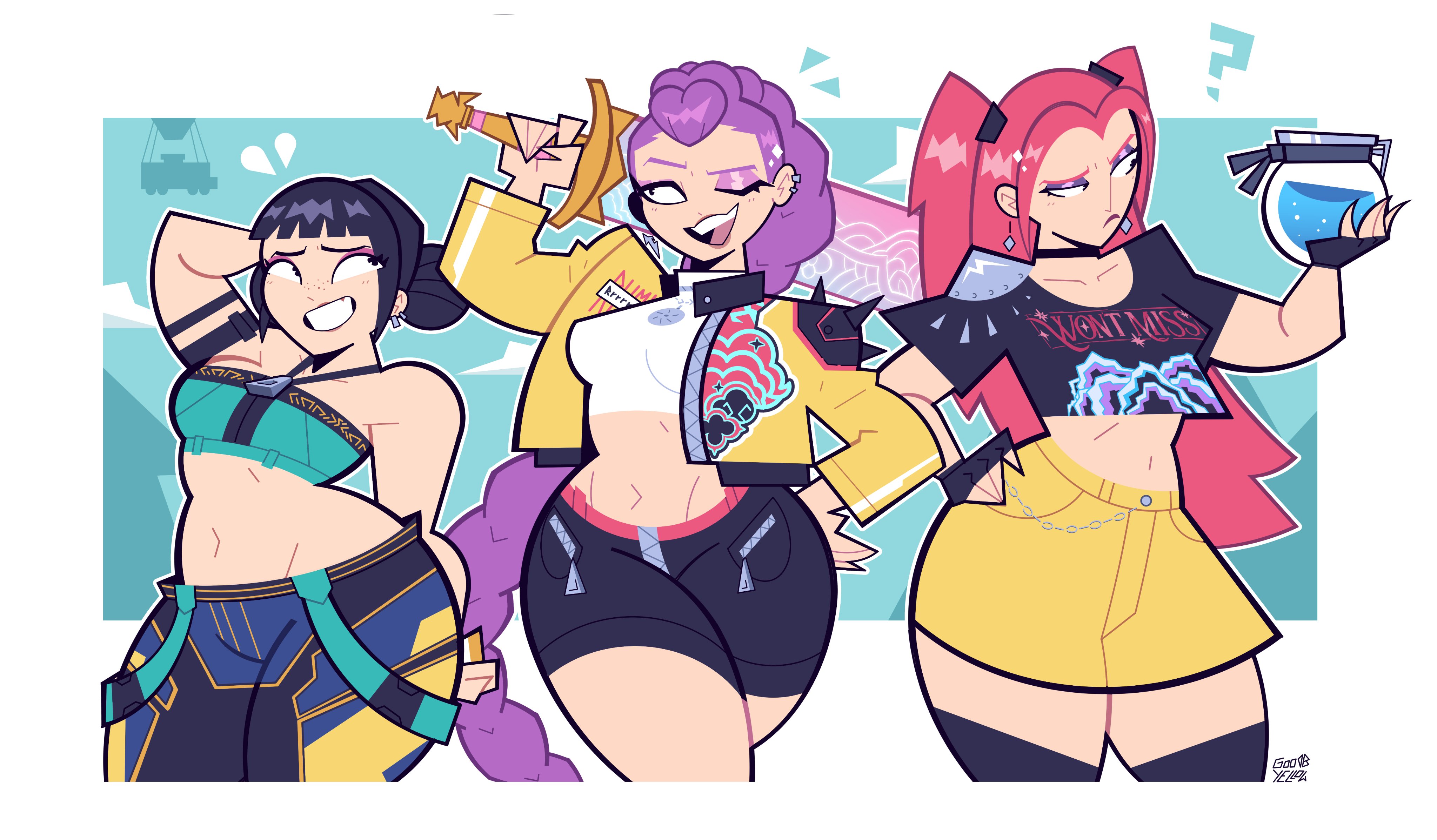 black hair, braid, braided hair, choker, earrings, freckles, goodbyellow, hand behind head, hand on hip, holding, holding object, jacket, kpop demon hunters, long hair, looking at another, makeup, midriff, mira (kpop demon hunters), navel, pants, pink hair, purple hair, rumi (kpop demon hunters), safe, short hair, shorts, skirt, slim waist, smile, stockings, tagme, thick thighs, tied hair, topwear, voluptuous, wide hips, zoey (kpop demon hunters)