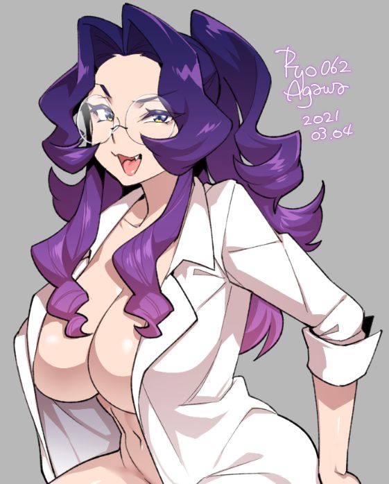 1girls, big breasts, breasts, cleavage, female, female only, glasses, labcoat, large breasts, looking at viewer, purple hair, ryo agawa, solo