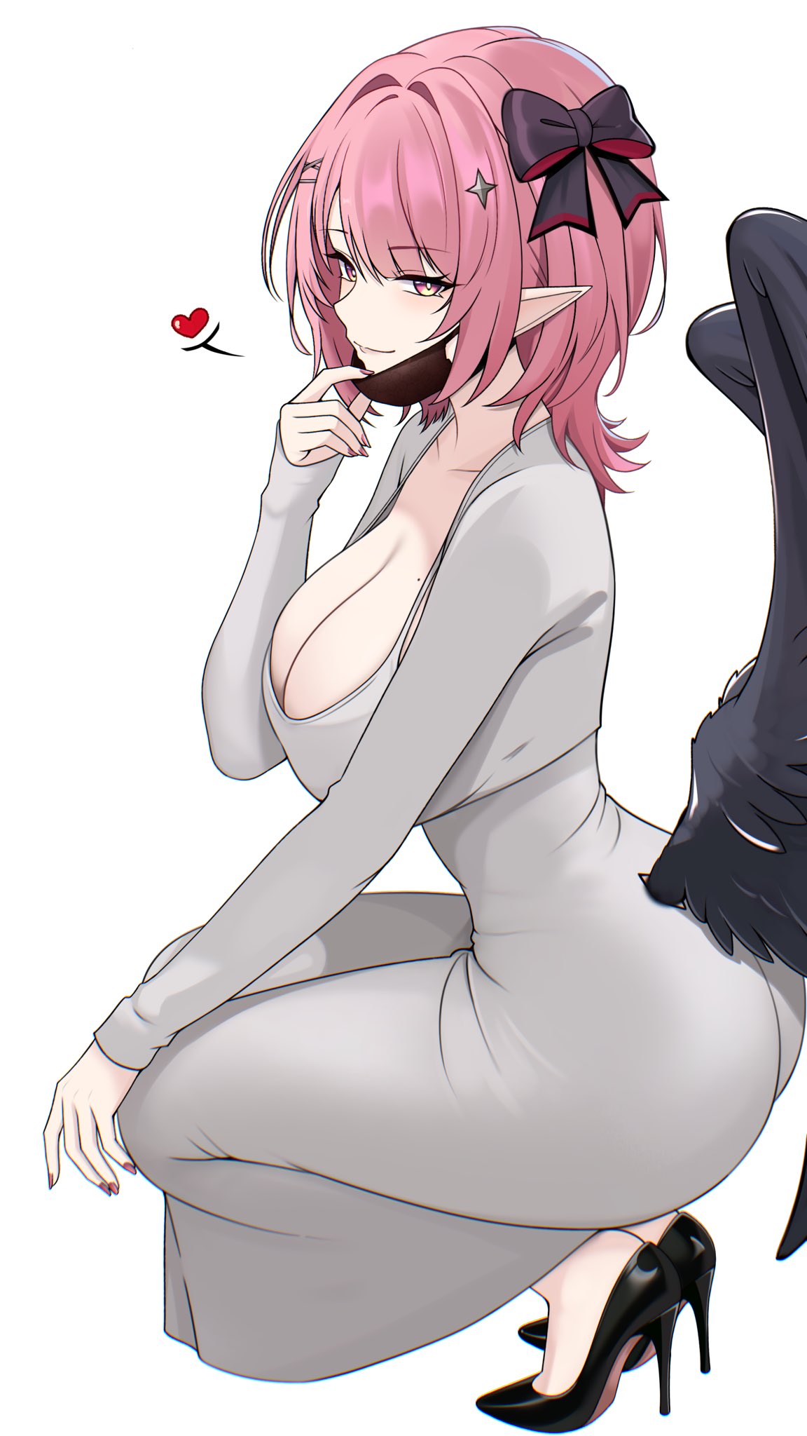 alternate costume, big ass, big breasts, big butt, breasts, clothed, colored nails, dongtan dress, dress, female, female only, fully clothed, grey clothing, hair bow, heels, large breasts, light skin, light-skinned female, long nails, looking at viewer, m ayonessa, mask, masked, masked female, mole on breast, painted nails, pink eyes, pink hair, pink nails, remielle dan, remielle dan (moonlight whispers), short hair, sole female, squatting, wings, zenless zone zero