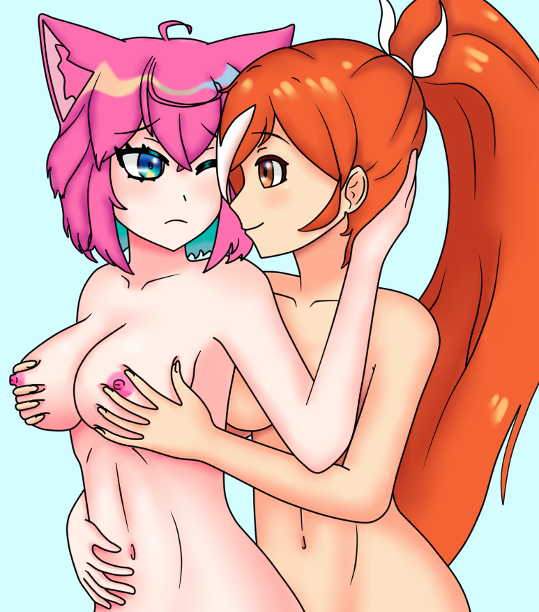 2girls ale_131 alternate_version_available anime_onegai blue_eyes breast_grab cat_girl crunchyroll crunchyroll-hime dengeki_onegai female female_only latam_virtual_youtuber long_hair multiple_girls nude nyami_g orange_eyes orange_hair pink_hair short_hair simple_background source_request virtual_youtuber