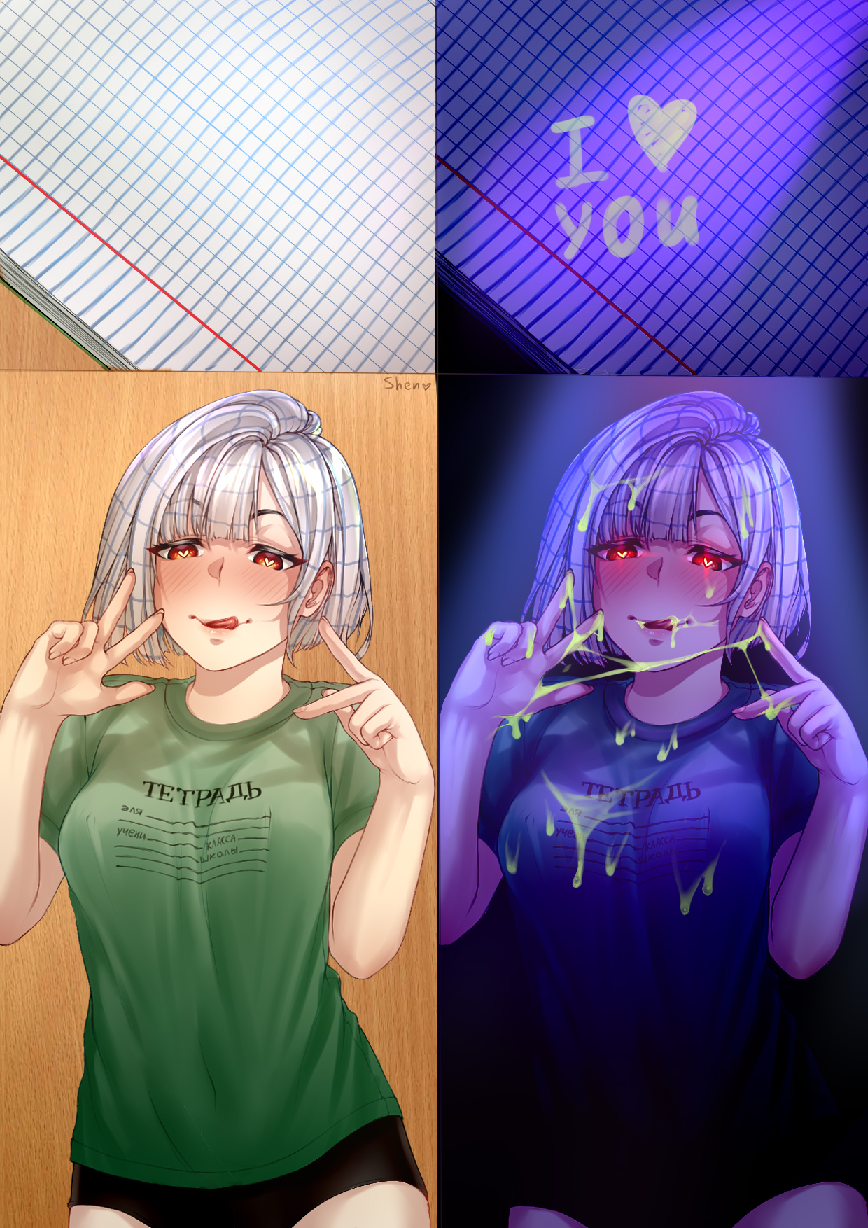 blush, clothing, fingers, grey hair, heart-shaped pupils, licking lips, liquid, notebook, notebook-chan, peace sign, shen (artist), smile, text, tongue, tongue out