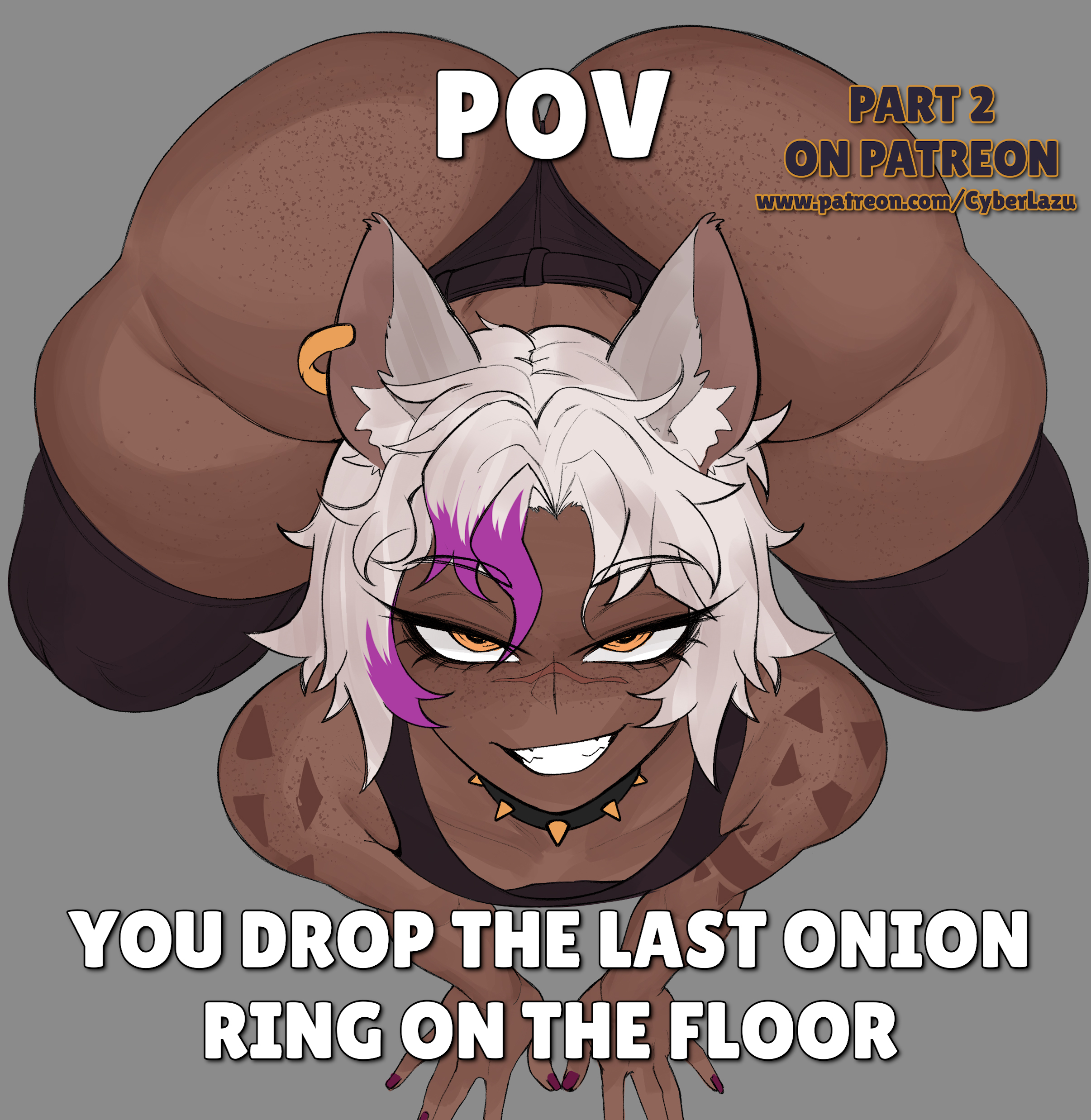 2026, 2d, bedroom eyes, big ass, blank background, bottom heavy, bottom heavy femboy, bubble butt, choker, collar, cyber lazu, cyberlazu, dark skin, dark-skinned femboy, dark-skinned male, dat ass, devious grin, doughy ass, dumptruck ass, ear piercing, ear ring, fat ass, femboy, furry ears, grin, huge ass, looking at viewer, looking up, male, male focus, massive ass, massive thighs, meme, orange eyes, piercing, pov, pov eye contact, purple hair, scar, scar on face, skimpy, skimpy clothes, smile, spiked collar, thick thighs, thighhighs, vtuber, white hair