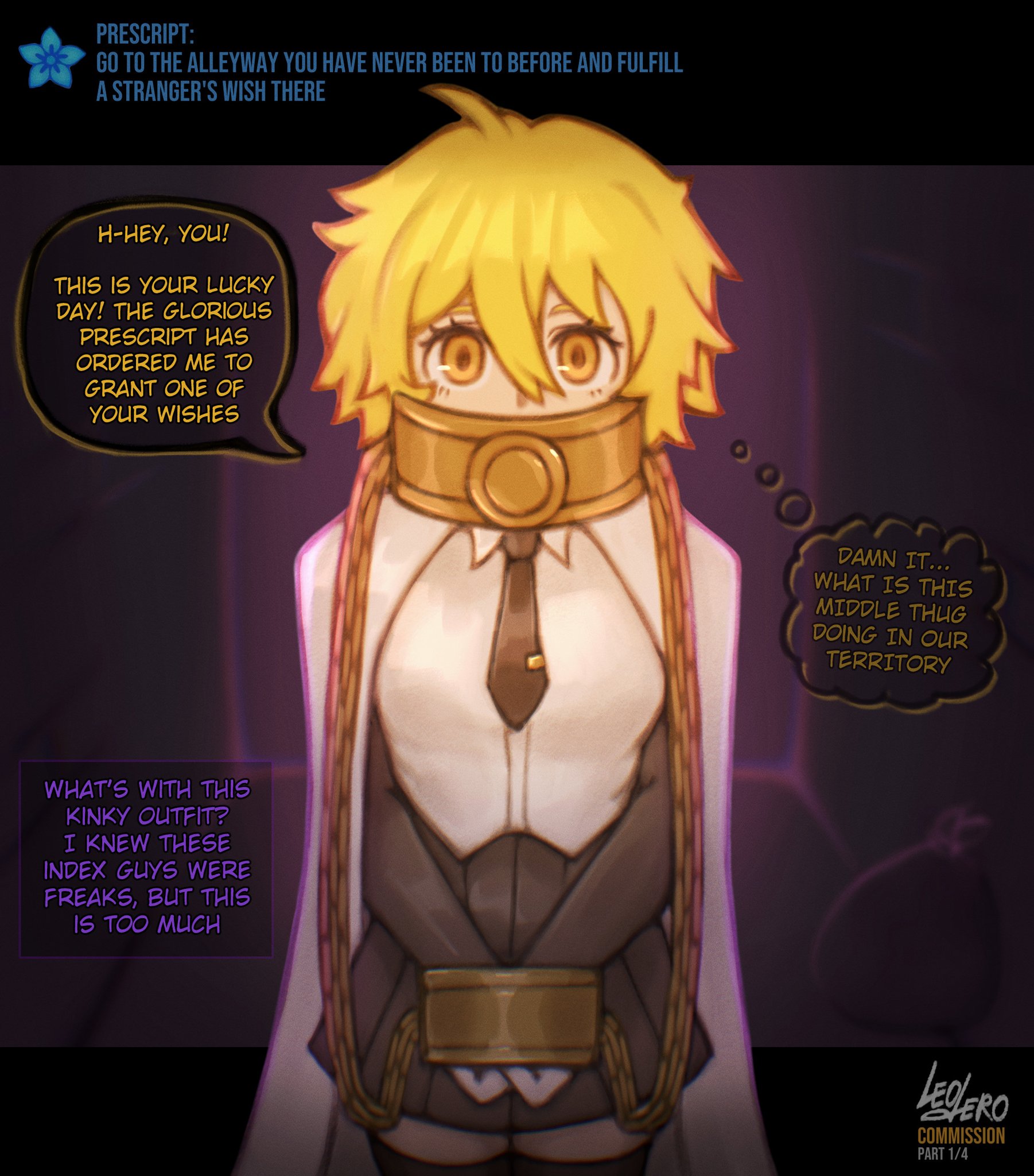1boy, 1girls, 2d, alley, chains, dialogue, don quixote (limbus company), english text, female, female focus, hair, index don quixote, leoderorero, light skin, light-skinned female, limbus company, looking at viewer, male, project moon, public indecency, shirt, skirt, suit, text, text bubble, thought bubble, tie, video games, yellow eyes, yellow hair