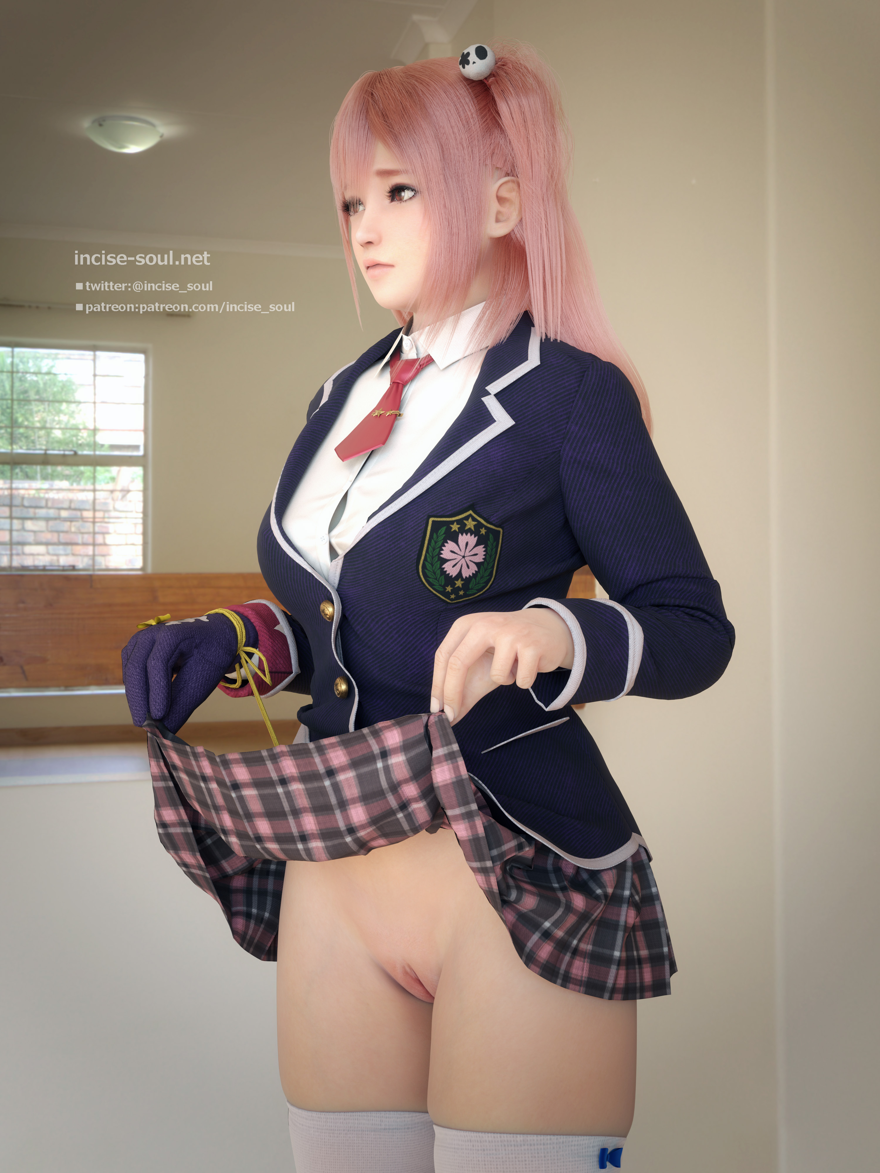 3d, dead or alive, dead or alive 5, female, gloves, honoka (doa), looking away, m-rs, miniskirt, no panties, open mouth, pink eyes, pink hair, plaid skirt, pleated skirt, pussy, school uniform, skirt, skirt lift, solo, tecmo, thighhighs, white legwear