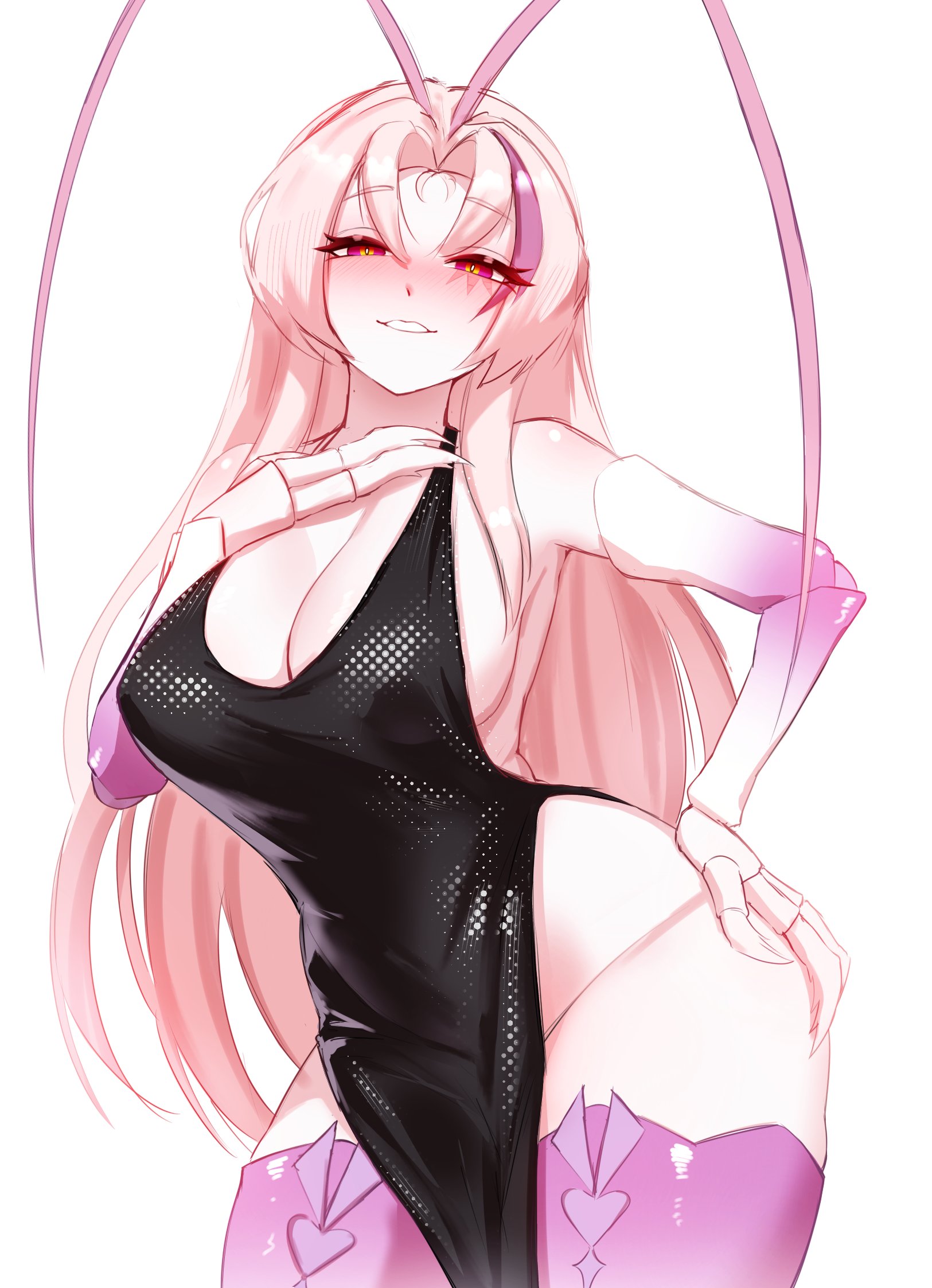 1girl, 1girls, antennae, arthropod girl, arthropod limbs, black dress, blush, breasts, breedable hips, cgator, child bearing hips, cleavage, cockroach girl, colored skin, curvy, dress, facial mark, female, hand on own hip, highres, hips, indie virtual youtuber, large breasts, long hair, looking at viewer, matara kan, mature, mature female, milf, mommy, monster girl, multicolored hair, older female, parted bangs, pelvic curtain, pink hair, red eyes, seductive, sideboob, solo, streaked hair, thick, thick ass, thick thighs, thighs, virtual youtuber, vtuber, white background, white skin, wide hips