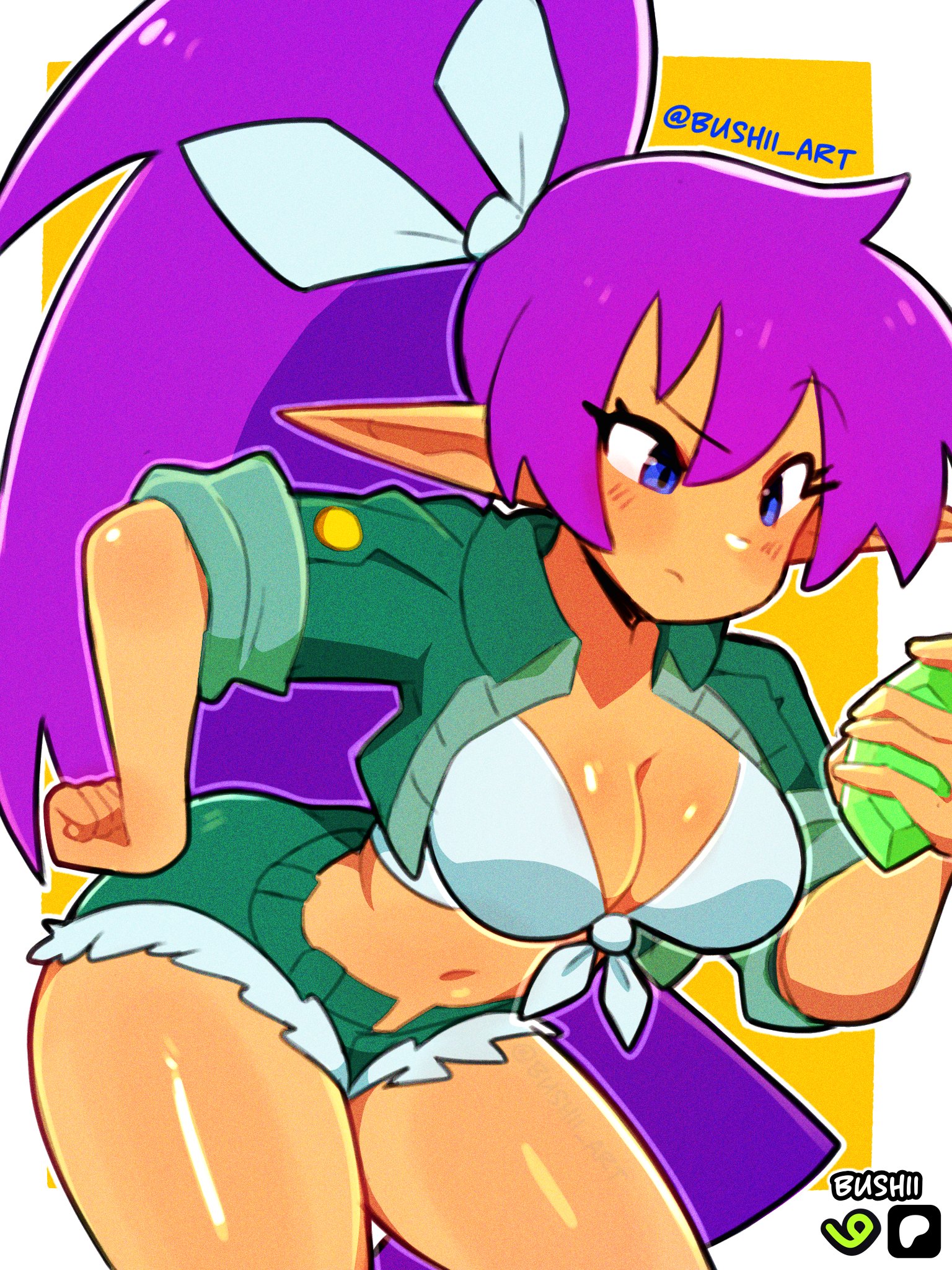 1girls, big breasts, blue eyes, bottomwear, breasts, bushii (bo0xhy), cleavage, crop top, female, female only, gem, green jacket, green shorts, hair, hips, holding object, pointy ears, ponytail, purple hair, shantae, shantae (character), shantae (relic hunter), shantae advance: risky revolution, short shorts, shorts, solo, solo female, thighs, tied hair, topwear, white crop top, wide hips