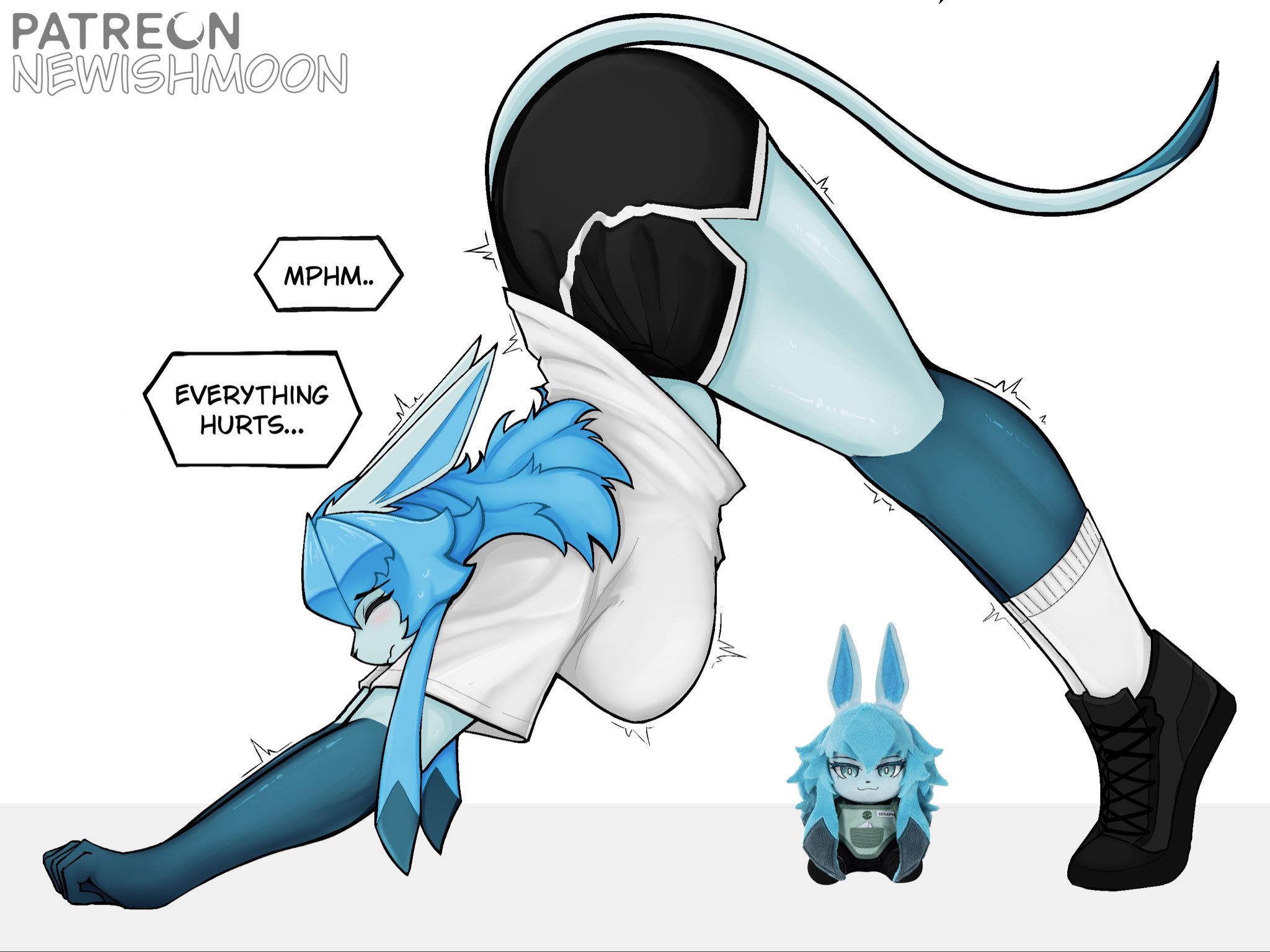 1girl, 1girls, 2026, 2d, 2d artwork, advertisement, anthro, anthro focus, anthro only, artist logo, artist name, ass, ass up, big ass, big boobs, big booty, big breasts, big butt, blue body, blue hair, blue skin, boobs, booty, breasts, butt, clothed, clothing, clothing pull, cute, digital drawing (artwork), digital media (artwork), eeveelution, female, female focus, female only, game freak, generation 4 pokemon, glaceon, hi res, highres, hot, looking at viewer, merch, newishmoon, nintendo, plush, plush doll, plushie, pokemon, pokemon (species), sexy, simple background, solo, solo female, solo focus, speech bubble, starbucks, stretch, stretching, tail, text, text bubble, watermark, white background, wholesome, yoruichi stretch