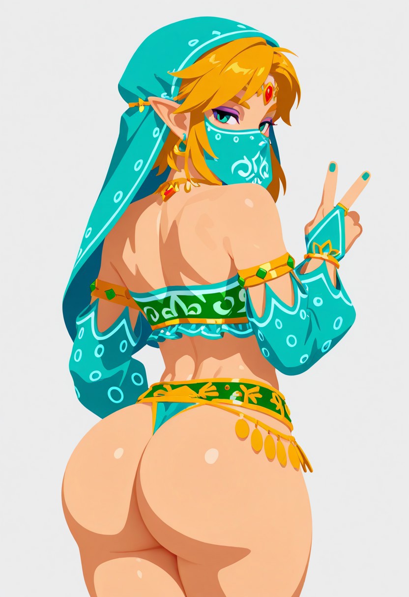 1boy, 1femboy, 2025, ai generated, alternate version available, aqua bikini, aqua bikini bottom, aqua nail polish, aqua nails, aqua veil, ass, big ass, bikini, bikini bottom, blonde hair, blue eyes, breath of the wild, crossdressing, eyebrows, eyelashes, eyeshadow, femboy, feminine male, gerudo link, girly, link, link (breath of the wild), looking at viewer, mouth veil, nail polish, peace sign, pointy ears, purple eyeshadow, simple background, solo, standing, the legend of zelda, thick thighs, thighs, trap, v, v sign, veil, vuurtoren, white background