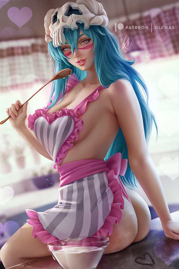 1girls, areolae, ass, big breasts, bleach, breasts, female, female only, large breasts, looking at viewer, looking back, naked apron, nelliel tu odelschwanck, olchas, solo