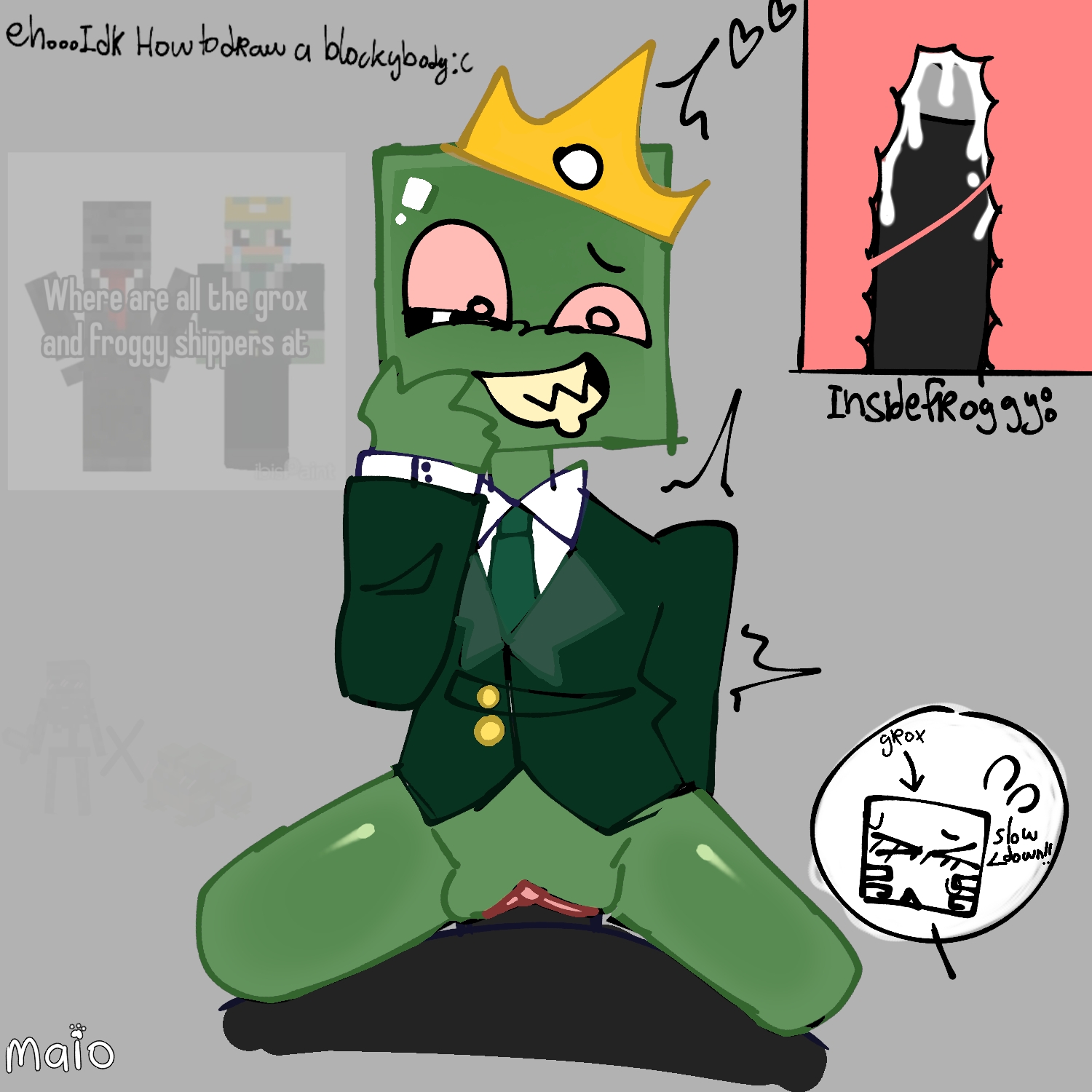 2boys, 2male, blush, bottomless, character request, crazy eyes, crazy smile, crown, cum in pussy, cum inside, cuntboy, cuntboy penetrated, drooling, frog, grey background, grox (youtuber), groxmc, hearts around head, idk what to tag it, internal, maiotheany, mcyt, meme in the background, minecraft, minecraft youtubers, motion lines, penis in pussy, red eyes, sharp teeth, simple background, sitting on penis, tagme, what, x-ray, youtube, youtuber, youtubers