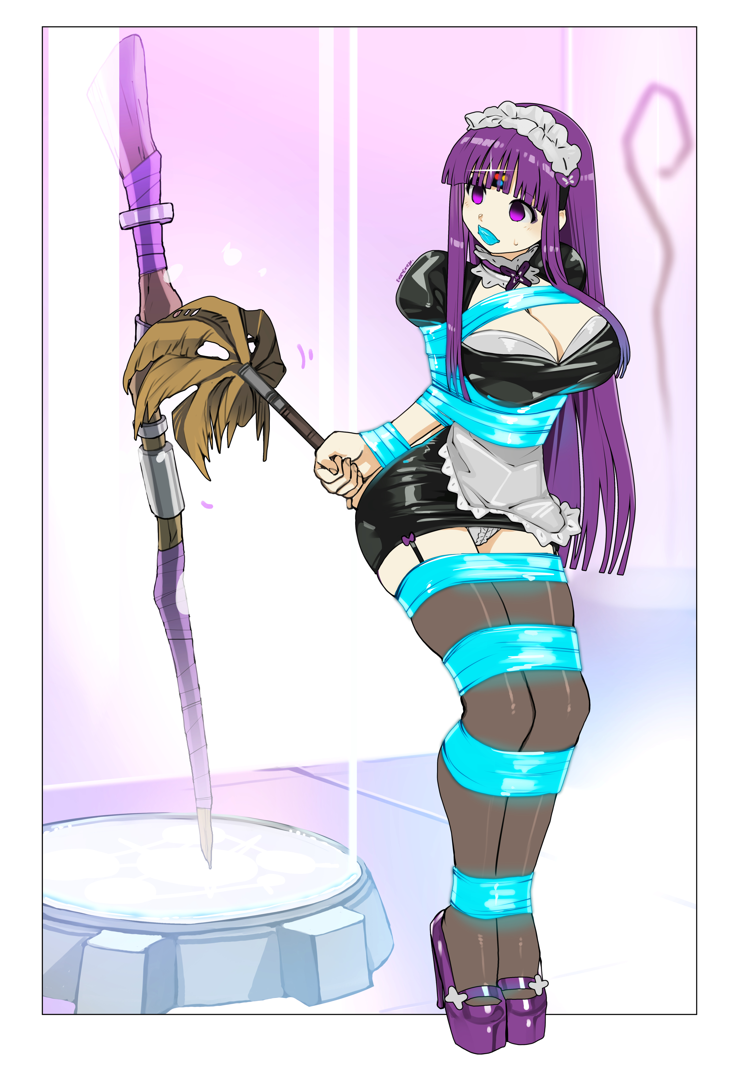 1girls, apron, arms behind back, black clothing, black dress, black eyes, bondage, bound, bound ankles, bound arms, bound legs, bound wrists, bra, cleaning, cleaning tool, cleavage, dress, empty eyes, eudetenis, feather duster, female, female only, femsub, fern (sousou no frieren), frieren beyond journey's end, gag, gagged, high heels, magic staff, maid, maid dress, maid headdress, maid uniform, mind control, mind control chip, mini dress, panties, panty peek, pantyshot, pantyshot (standing), platform heels, puffy sleeves, purple eyes, purple hair, shiny clothes, shiny dress, short dress, sousou no frieren, staff, stockings, suspenders, tape, tech control, thighhighs, uniform, white panties
