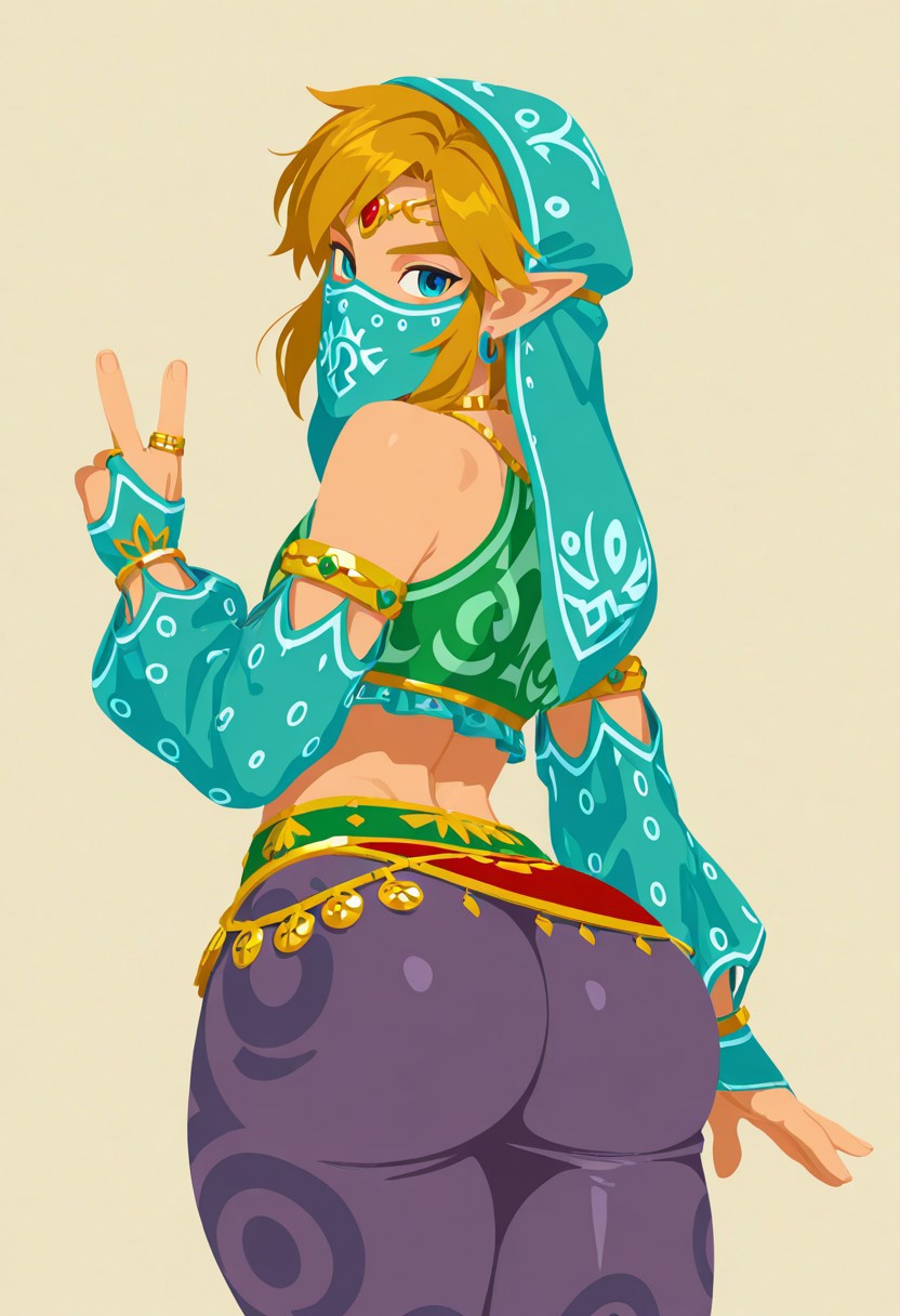 1boy, 1femboy, 2025, ai generated, alternate version available, aqua veil, ass, big ass, blonde hair, blue eyes, breath of the wild, crossdressing, eyebrows, eyelashes, femboy, feminine male, gerudo link, girly, link, link (breath of the wild), looking at viewer, mouth veil, peace sign, pointy ears, solo, standing, the legend of zelda, thick thighs, thighs, trap, v, v sign, veil, vuurtoren