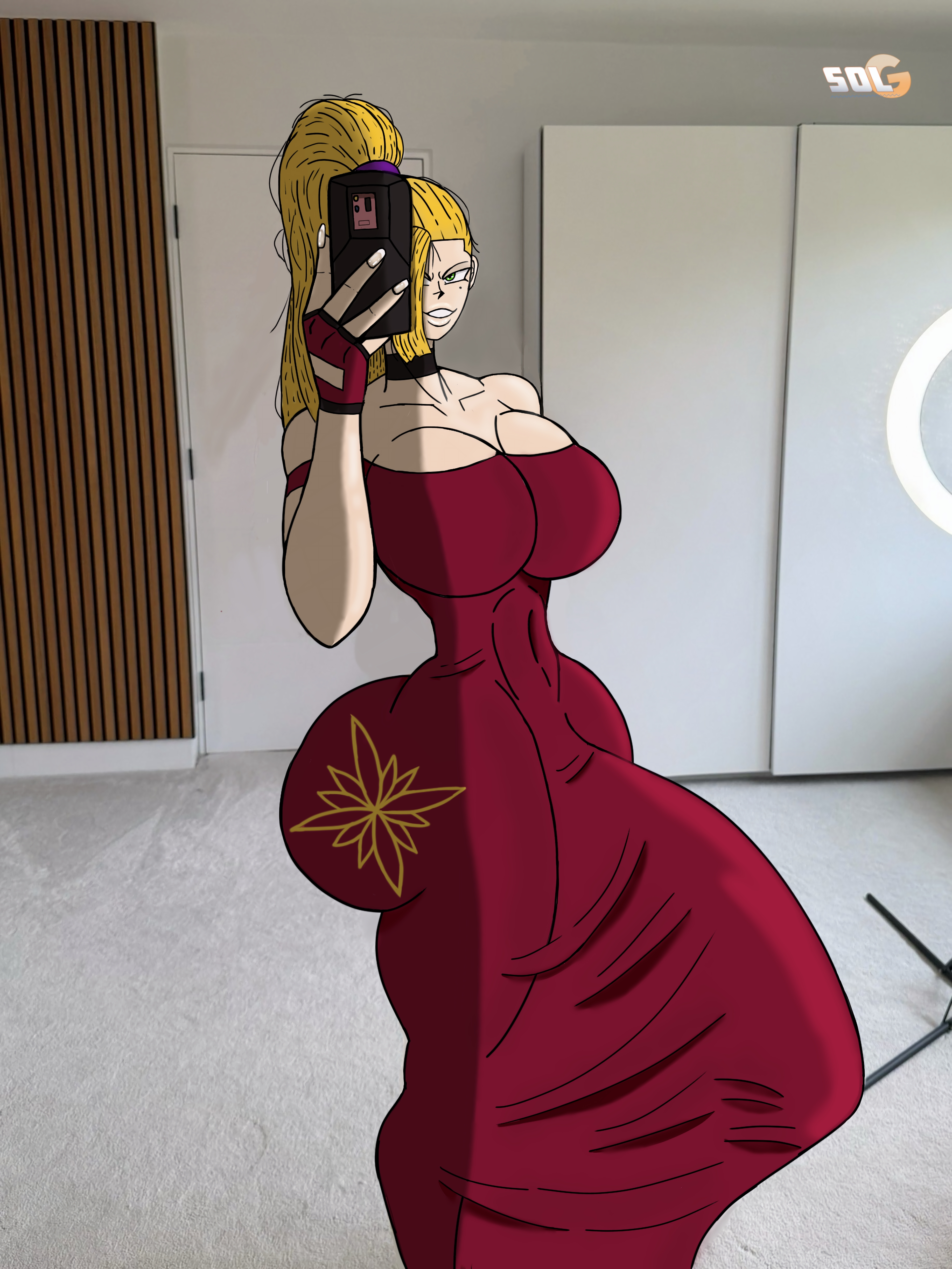 1futa, 2d, armwear, artist upload, ass, athletic futa, big breasts, big penis, blonde hair, blonde haired female, bulge, bulge through clothing, bulge under dress, caucasian, caucasian futa, clothing, cock bulge, cute, dress, dress bulge, earrings, erection, erection under clothes, fat ass, futa bubble butt, futa bulge, futa only, futanari, grabbing phone, green eyes, highres, huge cock, lip gloss, oc, perfect body, phone, pinup, plants, plump lips, red dress, ring light, selfie, short hair, shoulder exposed, solgain, solo, solo focus, solo futa, thick thighs, transparent clothing, trend, wide hips