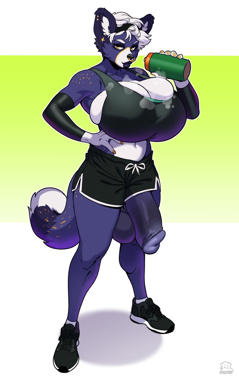anthro, balls, big balls, big breasts, big penis, boosterpang, breasts, furry, futa only, futanari, hand on hip, huge balls, huge breasts, huge cock, intersex, looking at viewer, nose ring, penis, shorts, workout clothes