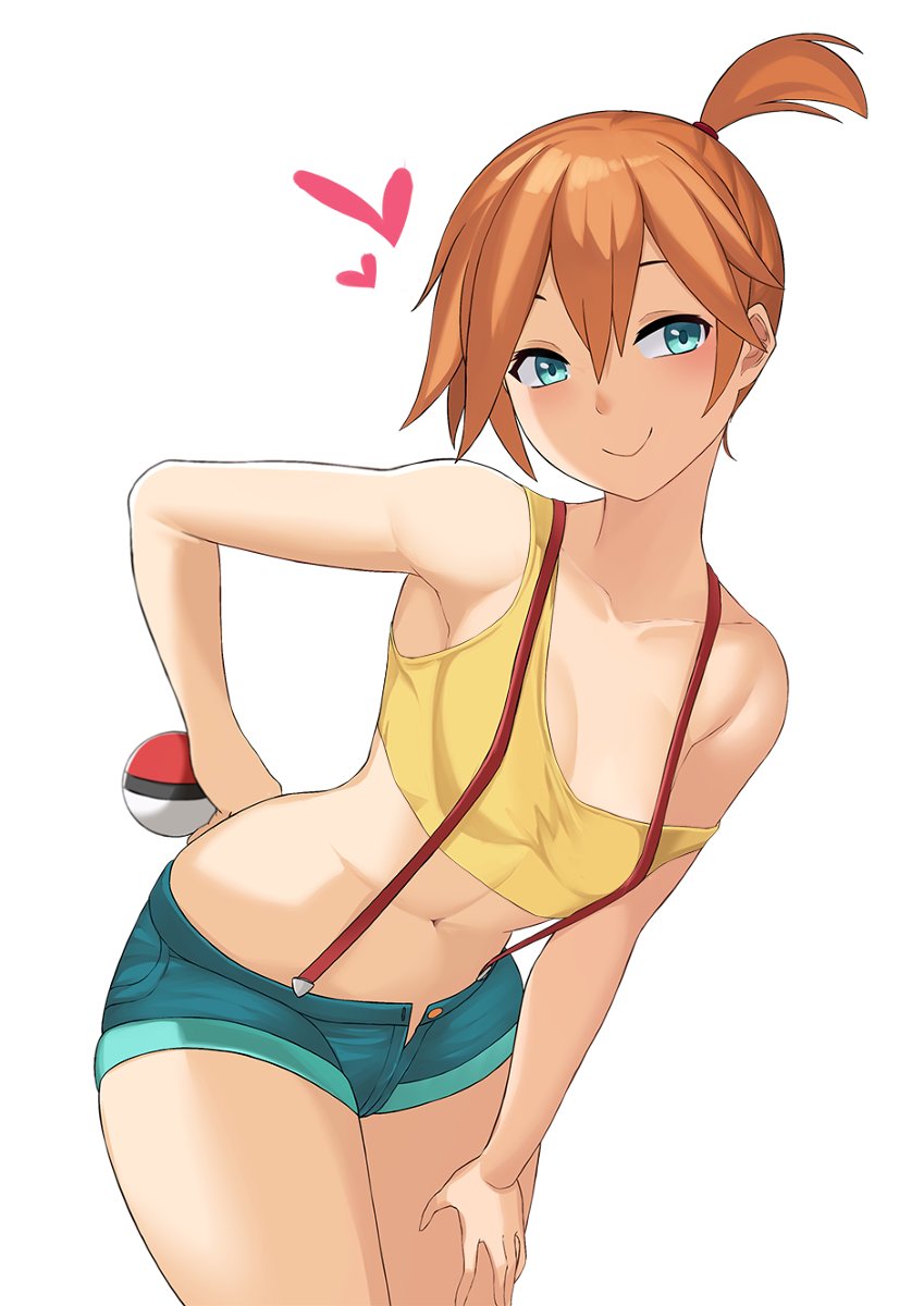 1girls, aori sora, blush, female, female only, green eyes, heart, kasumi (pokemon), legs, orange hair, pokeball, pokemon, pokemon rgby, red hair, shorts, smile, solo, suspenders