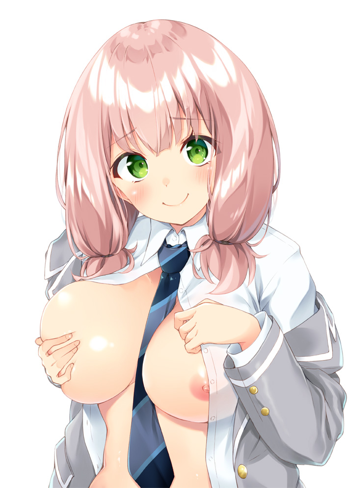 aito_(indigorabbit) bang_dream! bangs between_breasts blazer blue_neckwear blush breast_hold breasts breasts_out closed_mouth collared_shirt comiket_97 covering_nipples eyebrows_visible_through_hair female green_eyes grey_jacket haneoka_school_uniform jacket large_breasts long_sleeves looking_at_viewer low_twintails medium_hair necktie necktie_between_breasts nipples off-shoulder_jacket off_shoulder open_clothes open_shirt pink_hair school_uniform shirt short_twintails simple_background smile solo twintails uehara_himari upper_body white_background white_shirt wing_collar