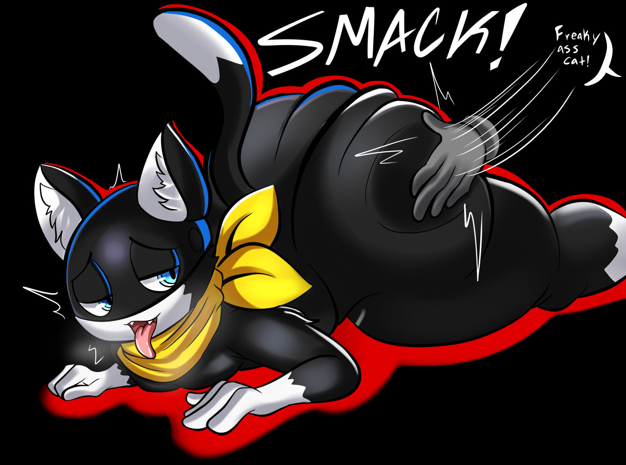 1boy, anthro, ass, atlus, big ass, blue eyes, disembodied hand, english text, felid, feline, femboy, huge ass, looking back, male, male only, morgana (persona), nathanatwar, open mouth, persona, persona 5, tagme, thick thighs, tongue, tongue out, whateverdoes, wide hips
