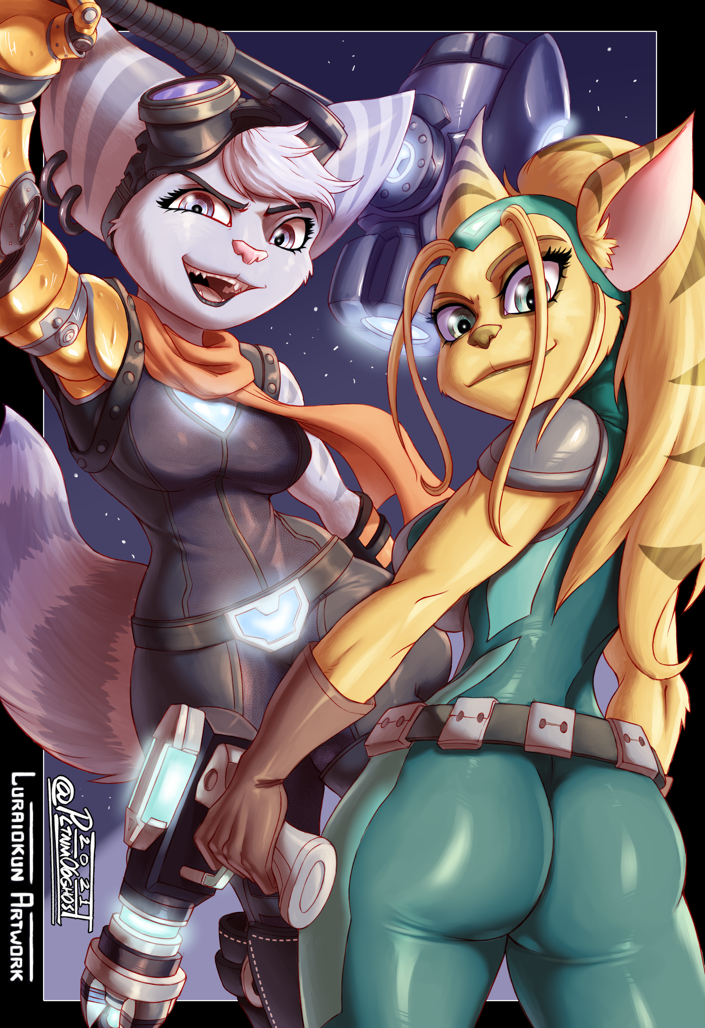 2021, 2girls, absurd res, angela cross (ratchet and clank), anthro, anthro only, ass, belt, big ass, big breasts, big butt, blonde hair, blue body, blue eyes, blue fur, bodysuit, breasts, brown gloves, clothed, clothing, collaboration, curvaceous, curvy figure, cybernetic arm, cybernetic limb, cybernetics, duo, ear piercing, ear ring, eyewear, female, female only, firearm, fully clothed, fur, furry, furry only, gloves, glowing, goggles, goggles on head, gun, hair, hammer, handgun, handwear, hi res, insomniac games, light, lombax, looking at viewer, looking back, luraiokun, mammal, mechanical, medium breasts, multiple females, multiple girls, piercing, pink nose, pltnm06ghost, png, prosthetic, prosthetic arm, prosthetic limb, ranged weapon, ratchet and clank, rivet (ratchet and clank), robotic arm, shoooohhhh, side boob, signature, skindentation, smile, smiling at viewer, smirk, sony corporation, sony interactive entertainment, striped body, striped fur, striped tail, stripes, tail, thick thighs, tight clothing, tight fit, tools, utility belt, video games, voluptuous, weapon, wide hips, yellow body, yellow fur