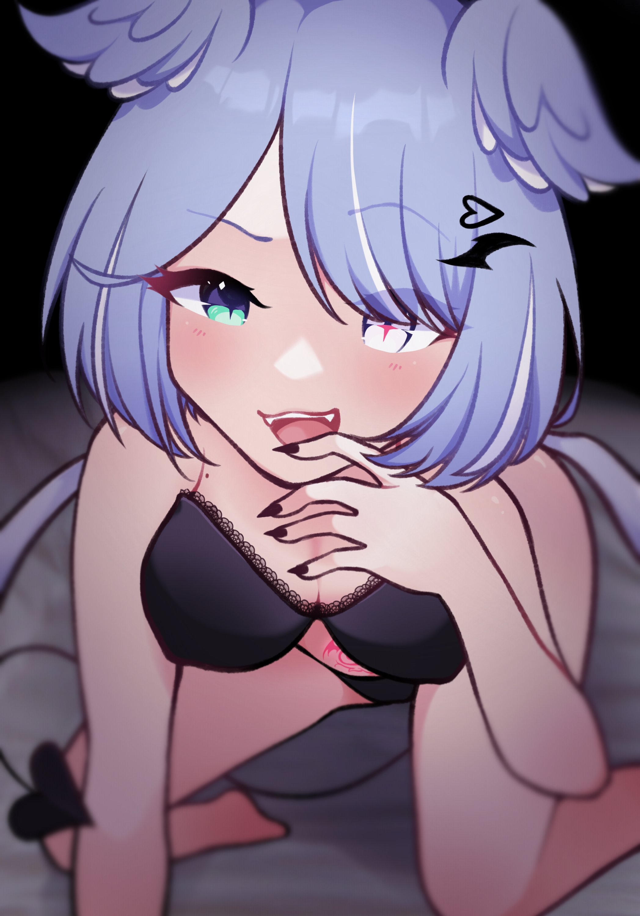 black bra, black lingerie, black panties, bob cut, bra, breasts, cleavage, demon, dragon girl, elira pendora, fangs, female, head wings, heart tail, heterochromia, hyuni, large breasts, mole, nijisanji, nijisanji en, on bed, open mouth, painted nails, panties, pubic tattoo, short hair, succubus, succubus tail, succubus tattoo, tattoo, virtual youtuber, wings