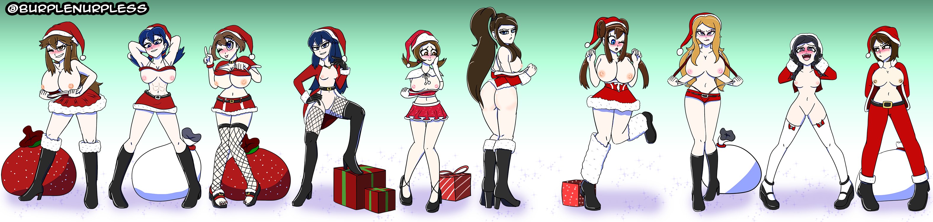 10girls, bag, big breasts, blonde hair, blue hair, boots, breast size difference, breasts, brown hair, burplenurpless, christmas, christmas clothing, christmas outfit, dawn (pokemon), female, female only, fishnets, gloria (pokemon), hat, heel boots, high heel boots, hilda (pokemon), human, kris (pokemon), leaf (pokemon), long hair, lyra (pokemon), may (pokemon), medium breasts, mouth open, multiple females, multiple girls, nintendo, nipples, open mouth, pokemon, pokemon bw, pokemon bw2, pokemon dppt, pokemon gsc, pokemon rgby, pokemon rse, pokemon sm, pokemon ss, pokemon xy, ponytail, rosa (pokemon), santa costume, selene (pokemon), serena (pokemon games), serena (pokemon), short hair, simple background, skirt, small breasts, thick thighs, thigh boots, thighhigh boots, thighhighs, yuri