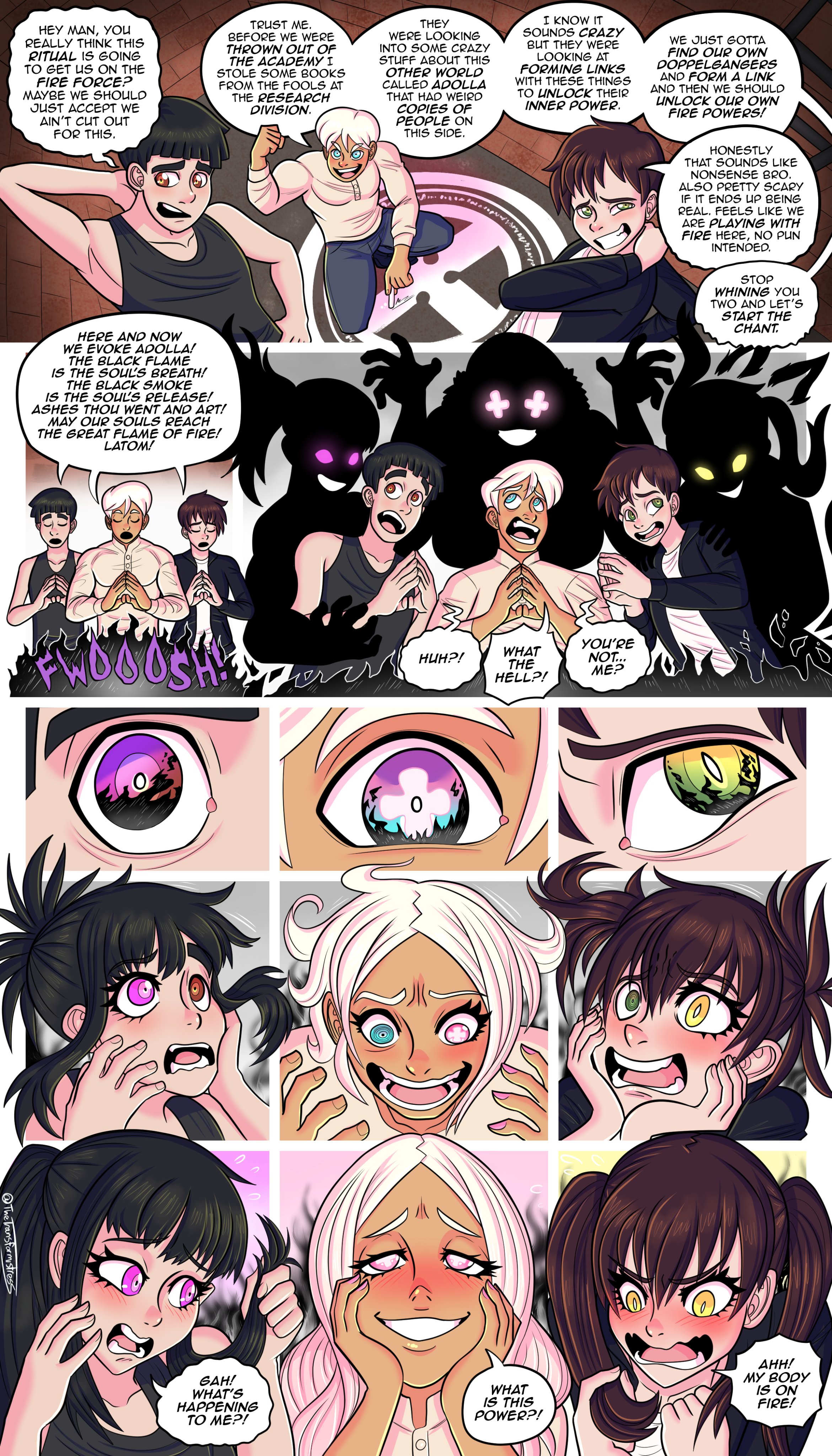 3boys, 3girls, ass expansion, breast expansion, breast growth, breast growth (enlargement), breasts, comic, enen no shouboutai, english text, eye color change, female, fire force, gender transformation, hair growth, kotatsu tamaki, long hair, male, mtf transformation, oze maki, princess hibana, rule 63, tagme, text, thetransformistress, transformation