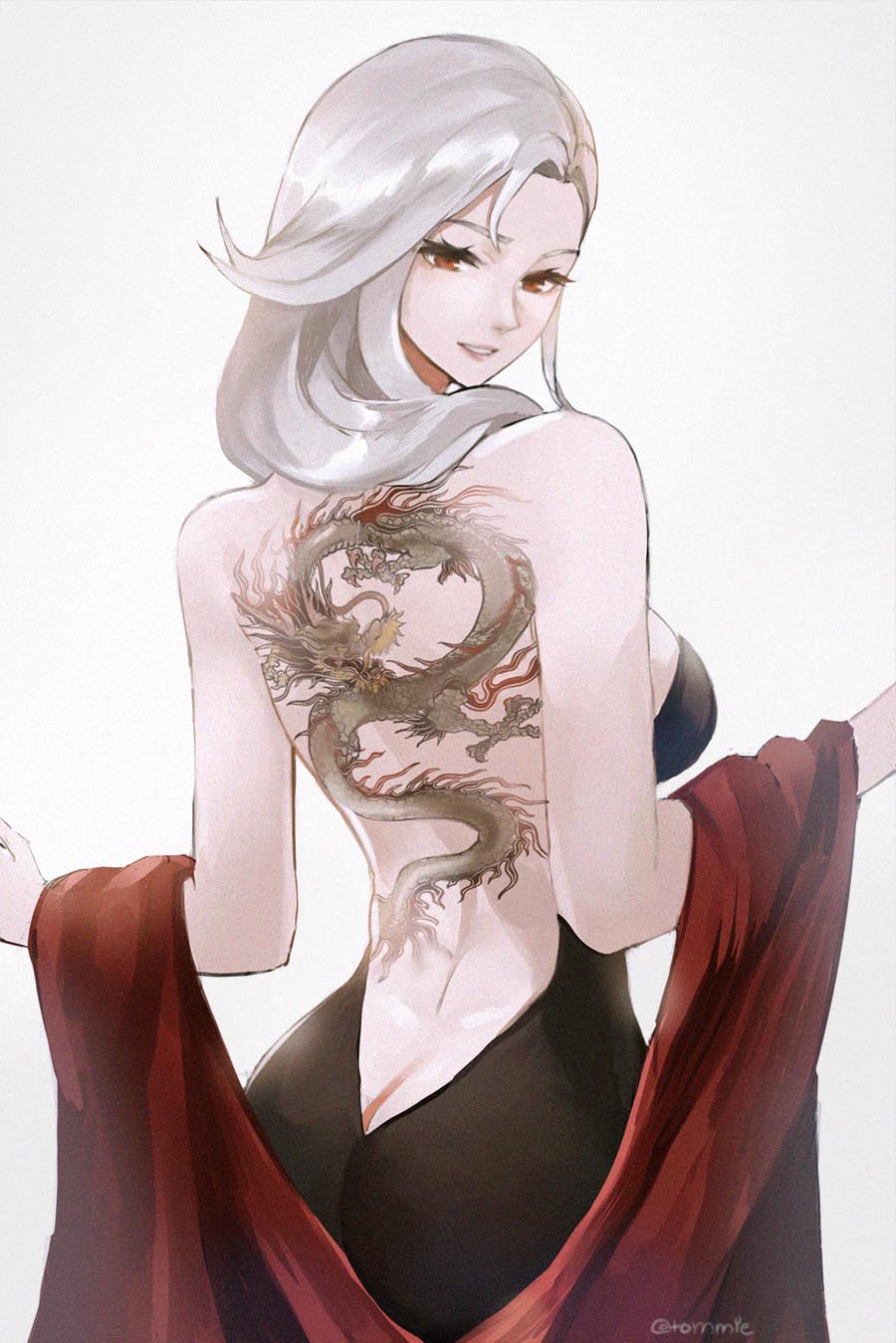 1girls, ass, ass cleavage, ass crack, back, back tattoo, back view, bare back, butt crack, dress, female, irezumi, long hair, looking at viewer, looking back, persona, persona 5, red eyes, sae niijima, silver hair, smile, solo, solo female, tattoo, tommy (kingdukeee)